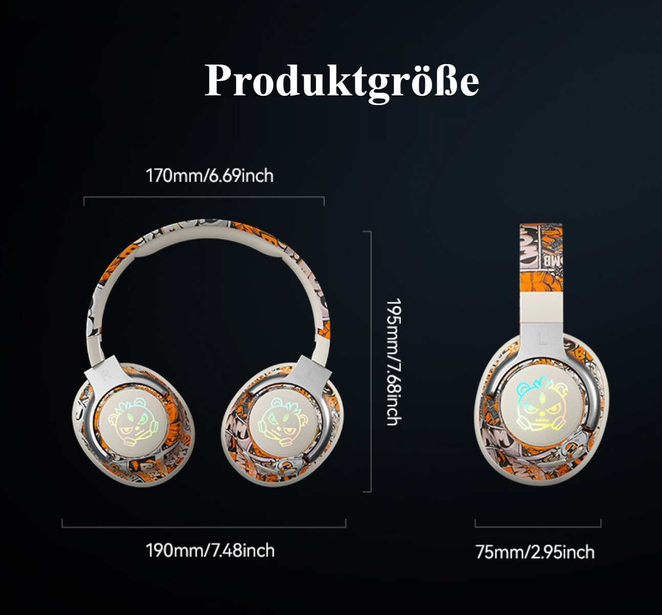 Kopfhörer mit abgebildeten Abmessungen. Weißes und oranges Design, mit dem Text Produktgroesse. Abmessungen: 190mm, 170mm und 75mm.