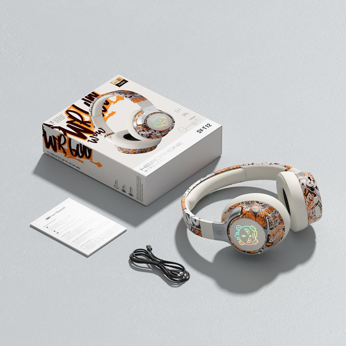 Kopfhörer mit Box, Kabel und Handbuch. Kopfhörer sind weiß mit orangefarbenen und schwarzen Designs. Die Box ist weiß mit Text und Bildern.