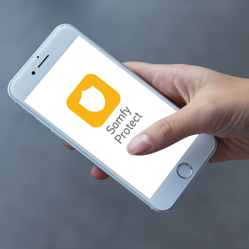 Eine Hand hält ein weißes Smartphone, das das Somfy Protect-Logo zeigt: ein orangefarbenes Schild. Der Hintergrund ist ein verschwommenes Grau.