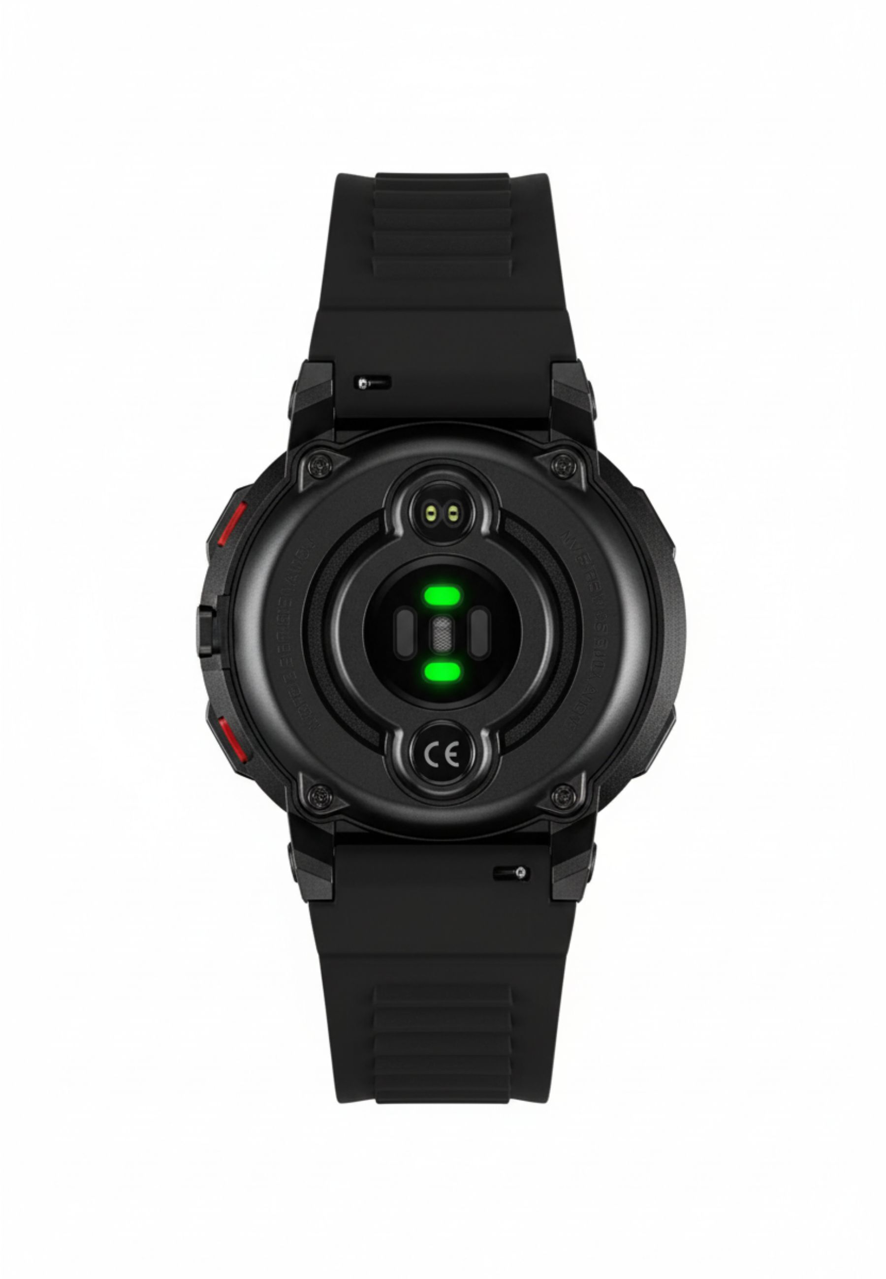 Schwarze Smartwatch-Rückansicht. Herzfrequenzsensor mit grünen Lichtern, CE-Zeichen. Schwarzes Armband.