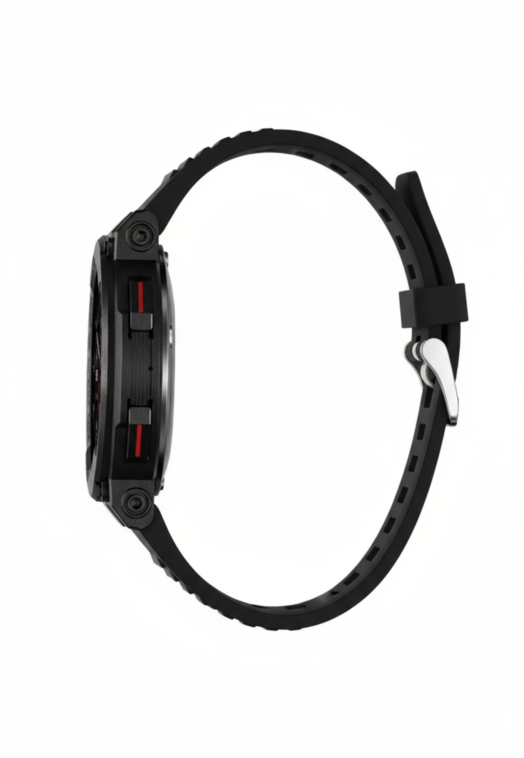 Seitenansicht einer schwarzen Smartwatch mit schwarzem Armband und silberner Schnalle. Der Hintergrund ist weiß.