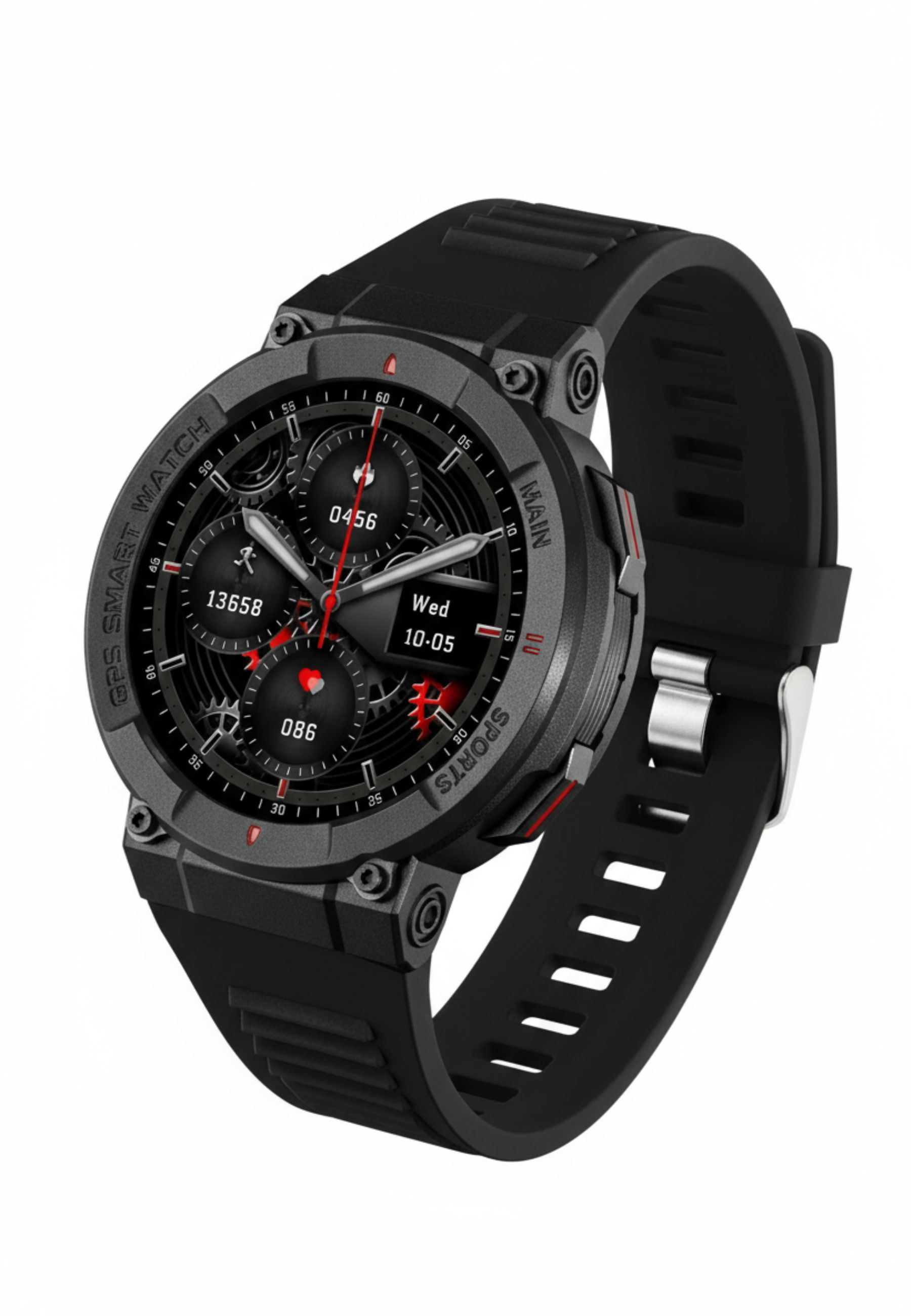Eine schwarze Smartwatch mit rundem Zifferblatt, die Zeit, Aktivitätsdaten und Datum anzeigt. Auch das Armband ist schwarz.