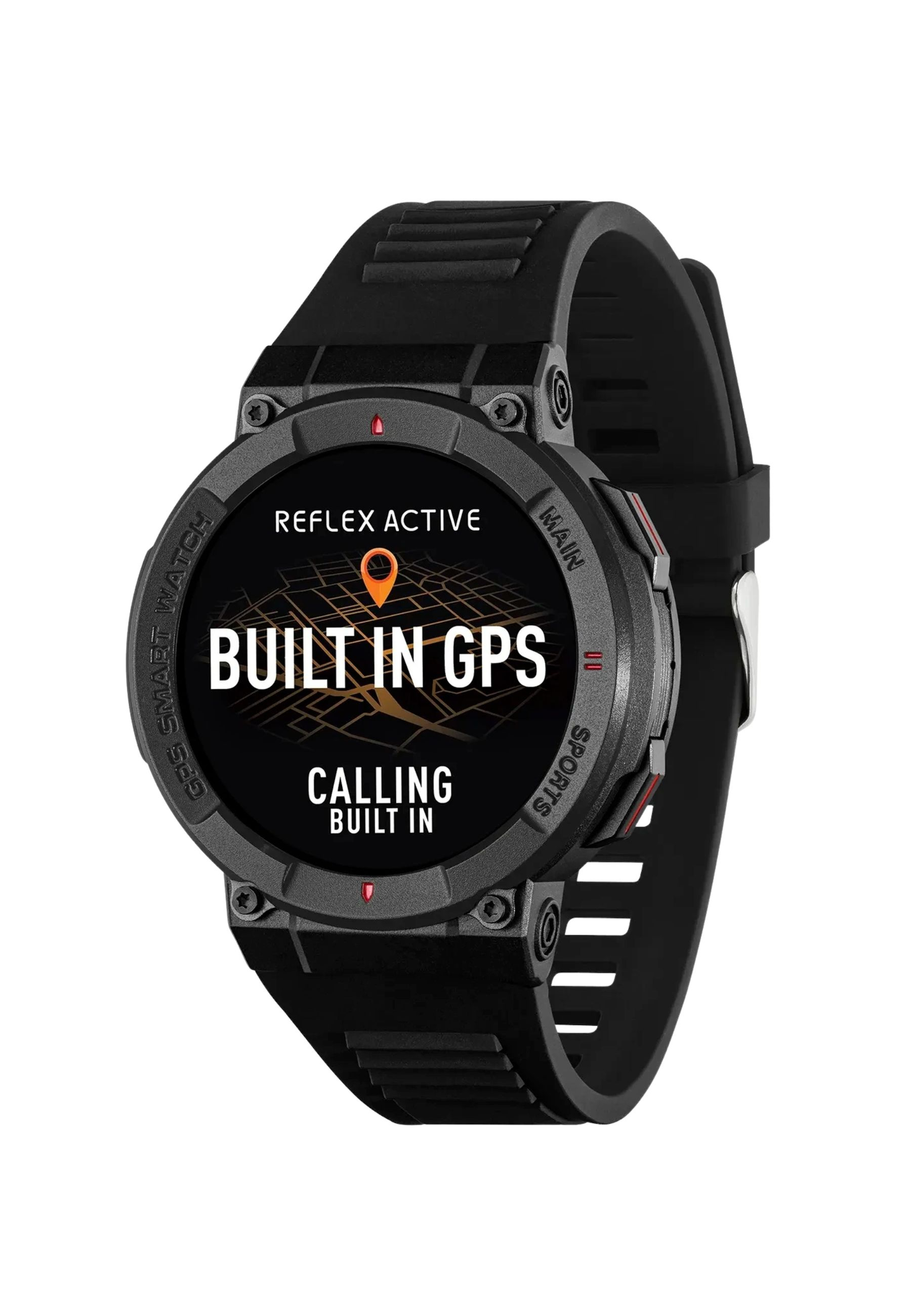 Schwarze Smartwatch mit digitaler Anzeige, die 'Built in GPS' und eine Karte zeigt. Die Marke ist 'Reflex Active'.