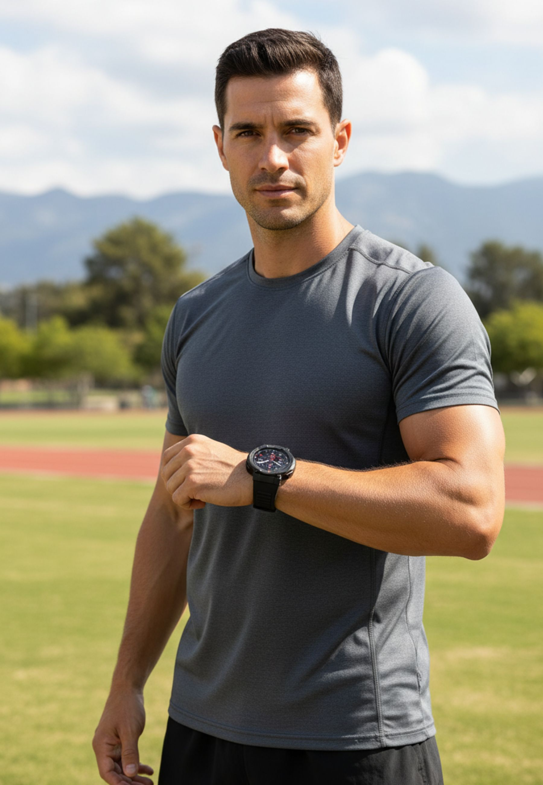 Ein Mann in grauem Hemd und Uhr steht auf einem Sportplatz. Grünes Gras und Berge sind im Hintergrund.