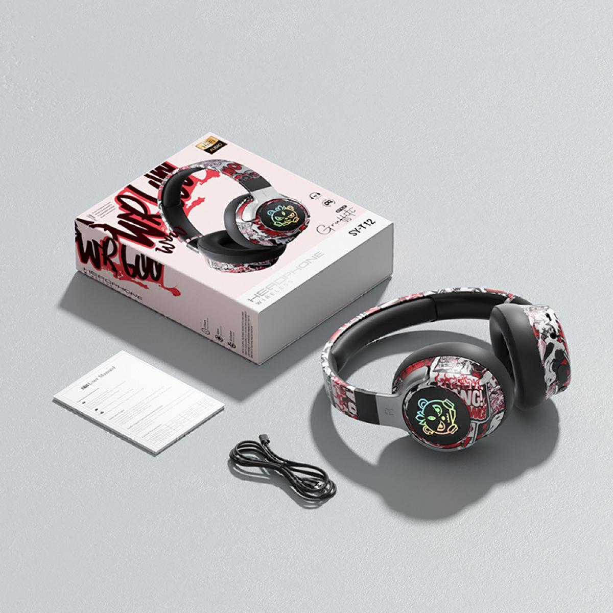Kopfhörer mit Graffiti-Design, Box, Kabel und Handbuch auf grauer Oberfläche. Die Kopfhörer sind schwarz und rot.