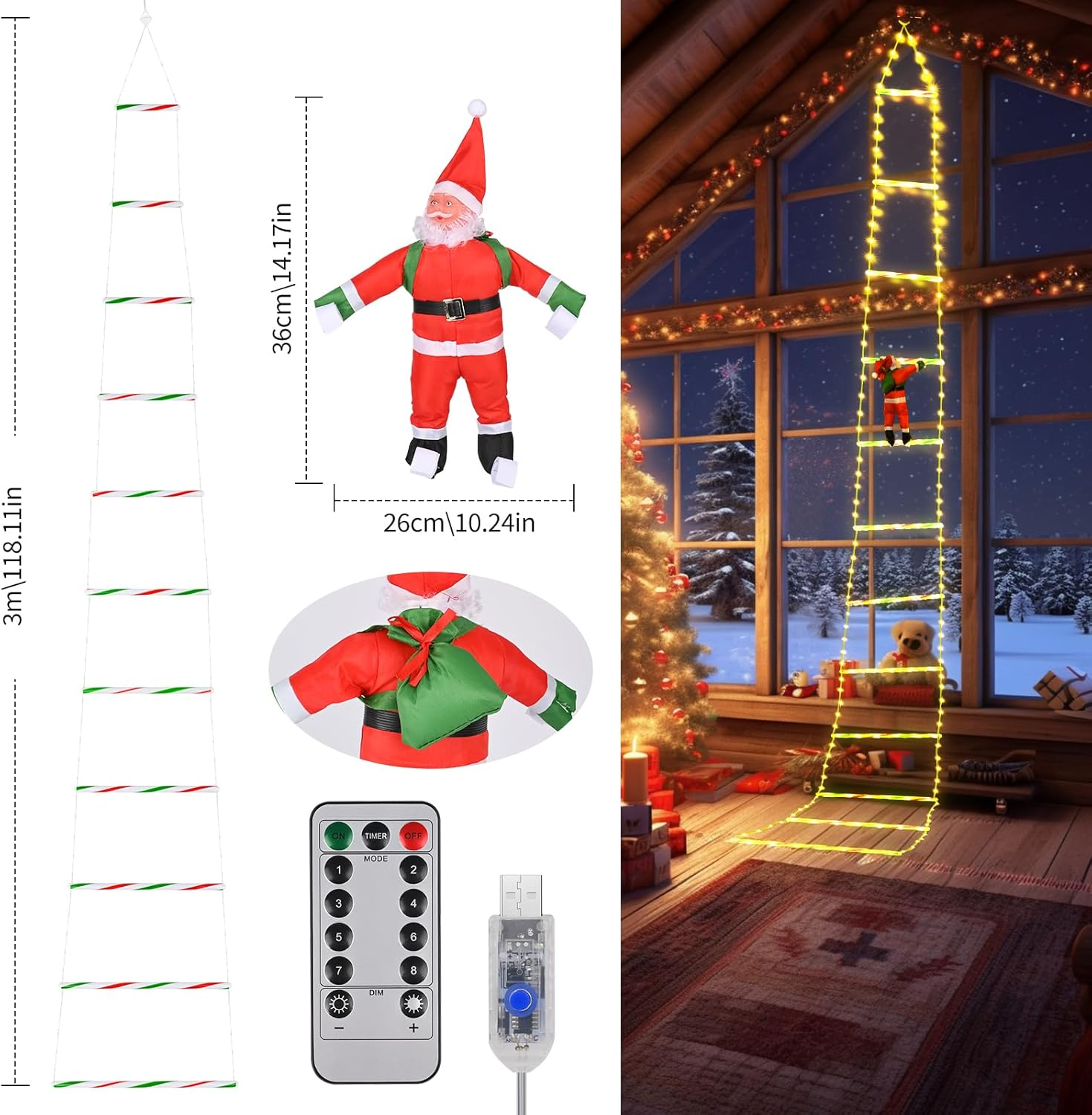 Eine Weihnachtsszene zeigt eine Lichterleiter, eine kletternde Santa-Figur, mit Zuckerstangenbaum, Fernbedienung und USB-Kabel.