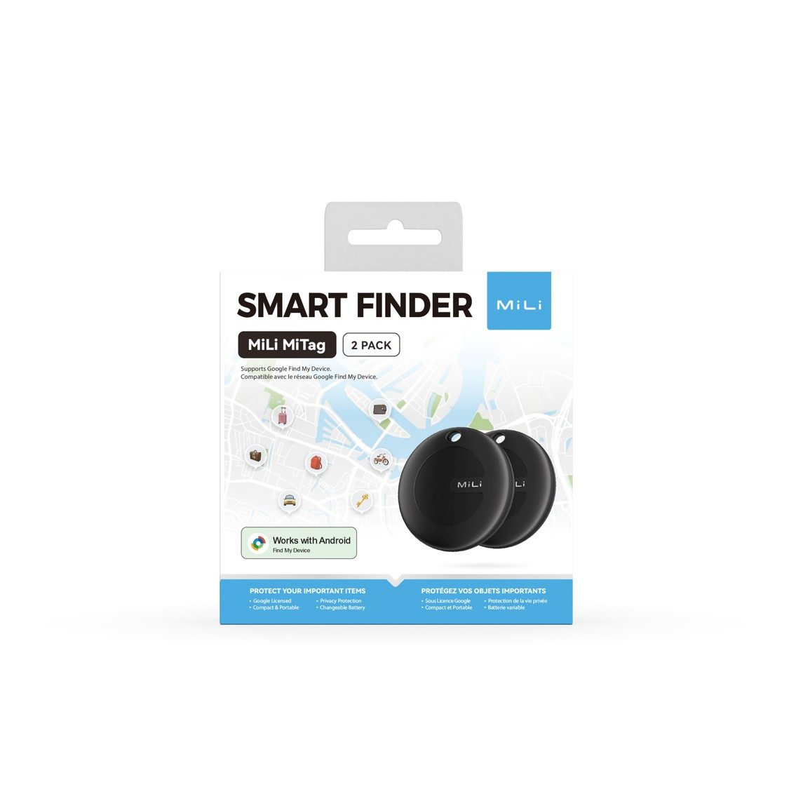 Ein MiLi Smart Finder 2er-Pack. Die Schachtel ist weiß und blau mit schwarzen, kreisförmigen Trackern. Text enthält 'Smart Finder' und 'Works with Android'.
