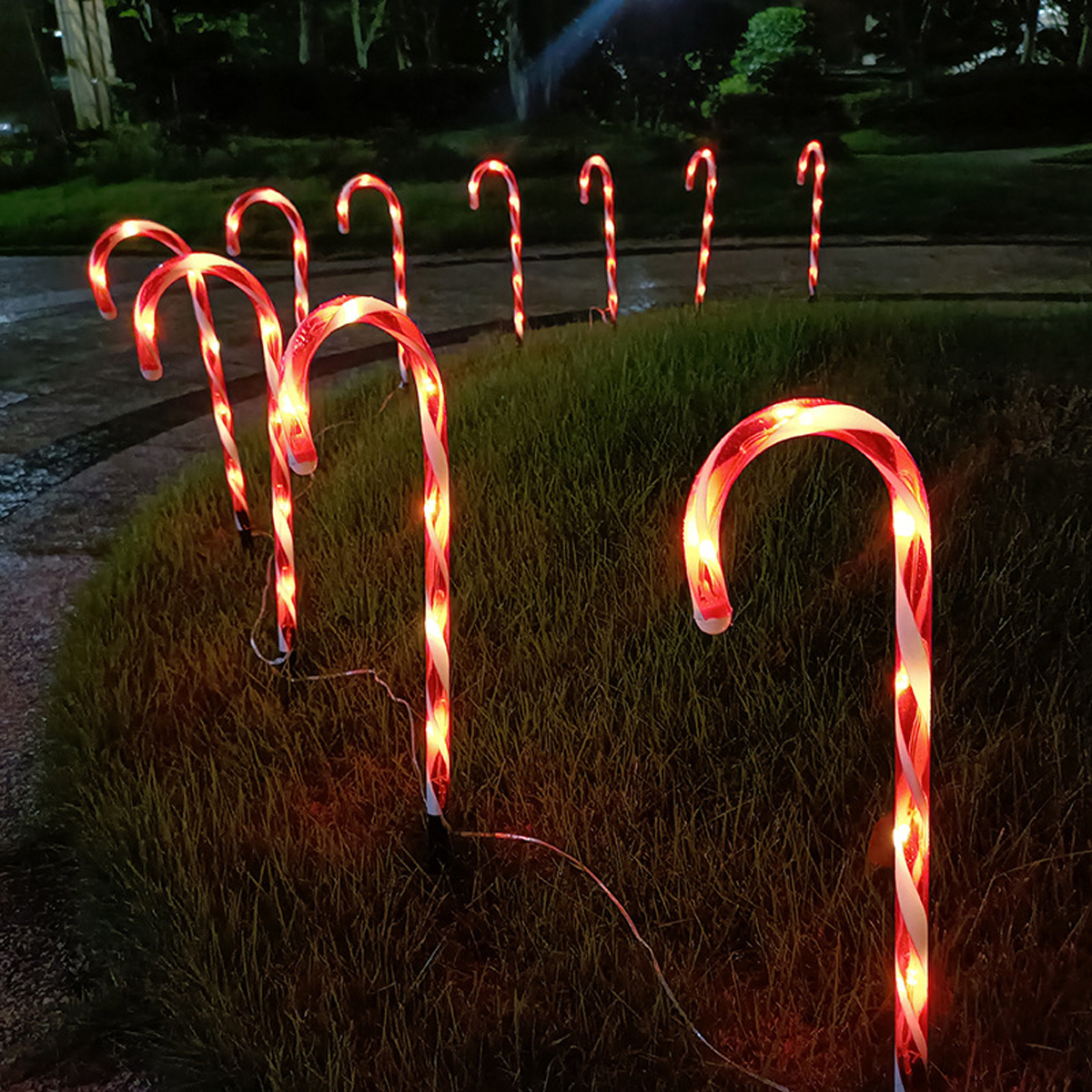 Beleuchtete Zuckerstangen-Dekorationen in einem grasbewachsenen Bereich bei Nacht. Rot-weiß gestreifte Stangen sind beleuchtet.