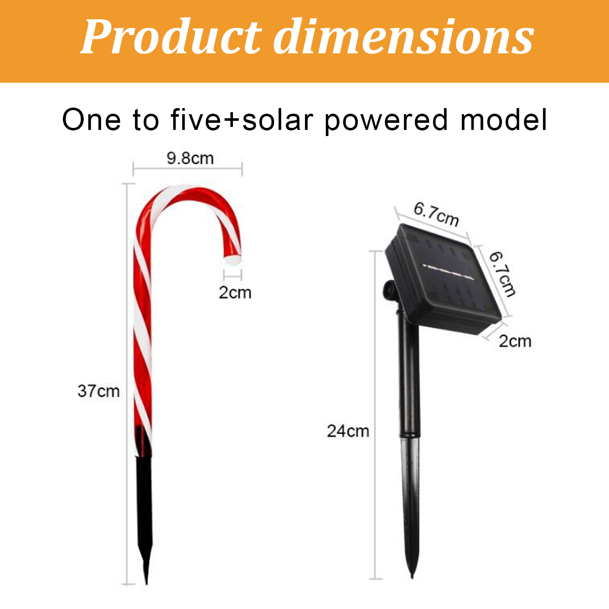 Das Bild zeigt Produktabmessungen. Ein Zuckerstange und ein Solarpanel werden mit Messungen angezeigt. Der Text lautet 'One to five+solar powered model'.