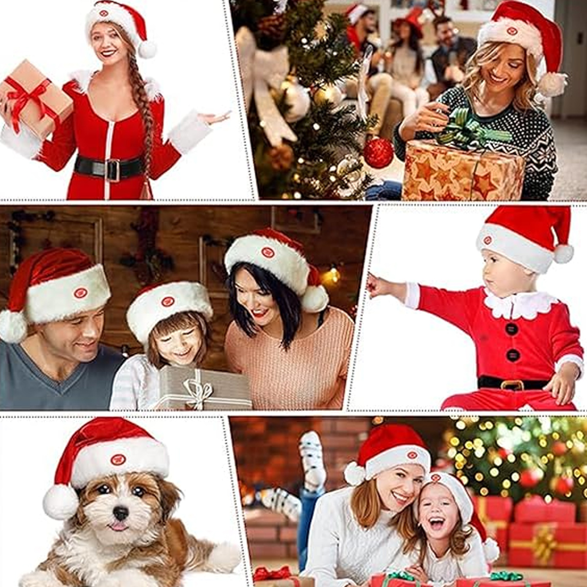 Eine Collage von Menschen und einem Hund, alle mit Weihnachtsmützen. Sie befinden sich in festlicher Umgebung, einige mit Geschenken und Weihnachtsbäumen.