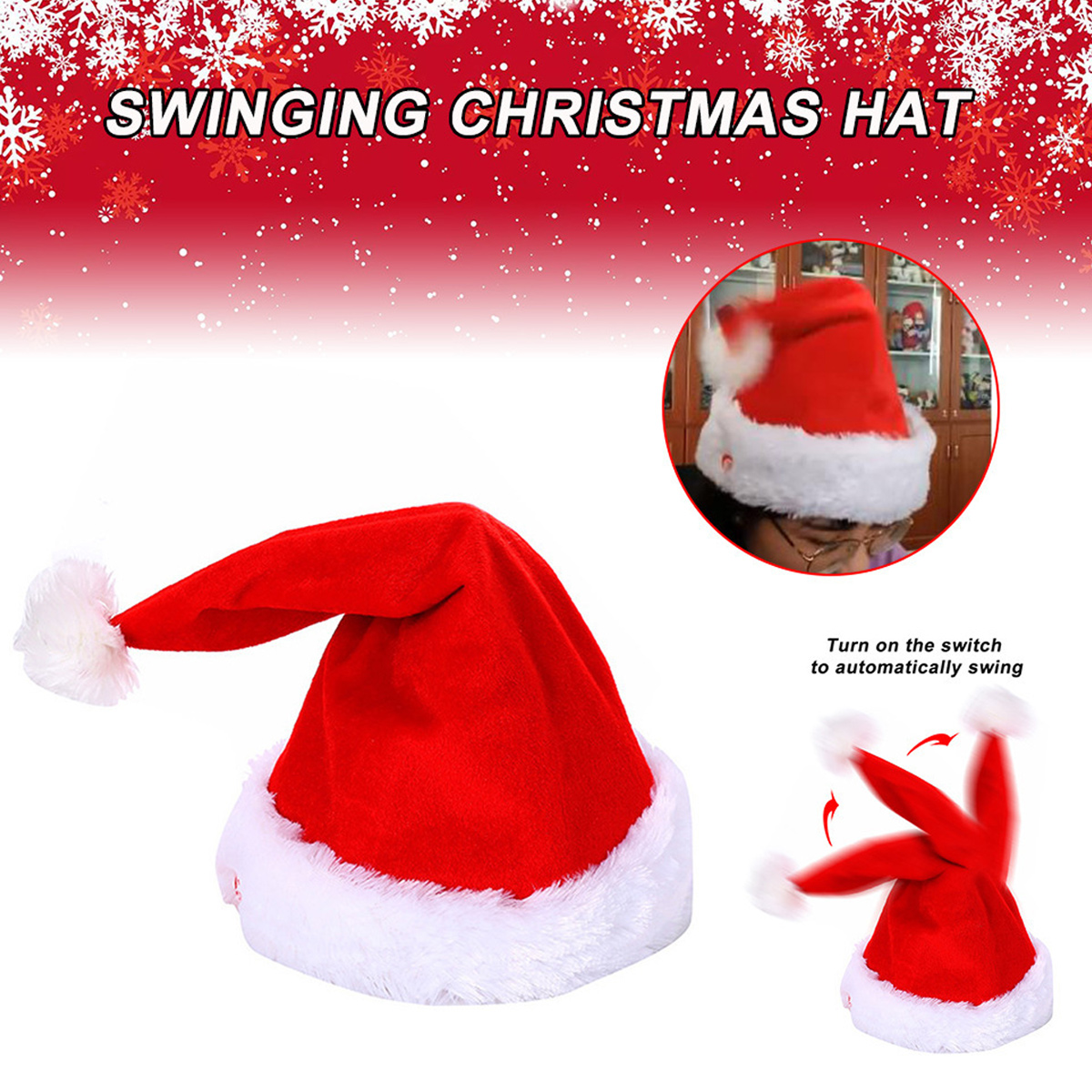 Ein roter Weihnachtsmannhut mit weißem Fellbesatz. Er hat eine Schwingbewegung und wird in verschiedenen Perspektiven gezeigt.