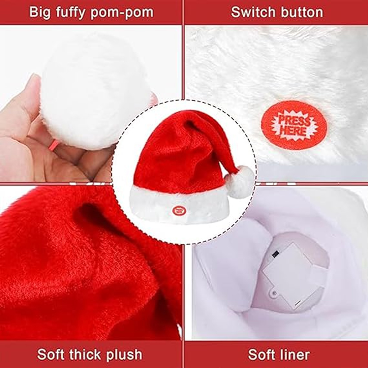 Das Bild zeigt Teile eines Weihnachtsmützen. Details sind ein weißer Bommel, roter Plüschstoff, ein Knopf 'Hier drücken' und ein weiches weißes Futter.