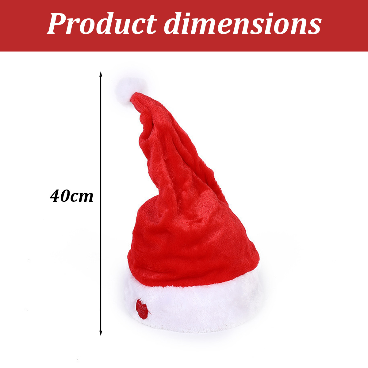 Ein roter Weihnachtsmannhut mit weißem Besatz, 40 cm hoch. Er hat einen weißen Bommel. Text oben: Produktabmessungen.
