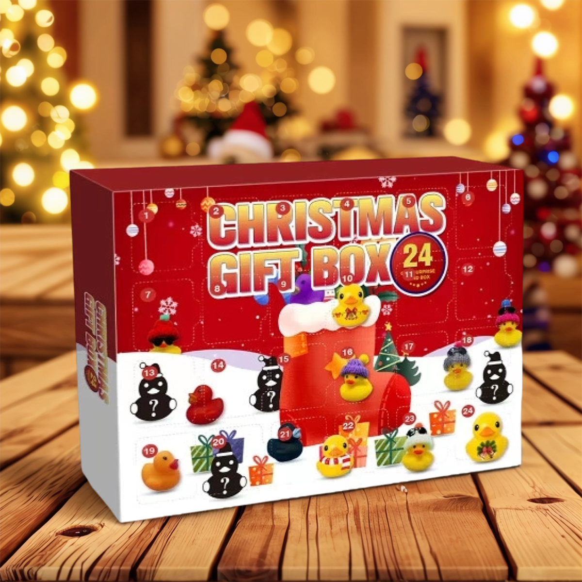 Eine Weihnachtsgeschenkbox mit 24 Fächern, je mit einer Entenfigur. Die Box steht auf einem Holztisch. Weihnachtsbaum im Hintergrund.