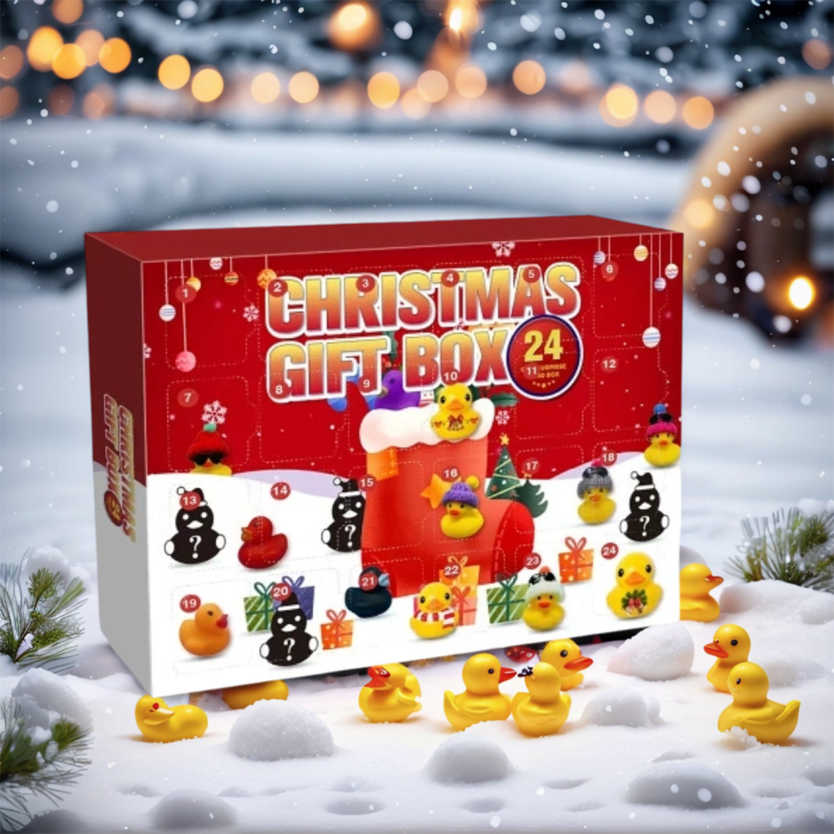 Eine Weihnachtsgeschenkbox mit Enten. Einige Enten sind in der Box, andere im Schnee. Schneeflocken fallen.