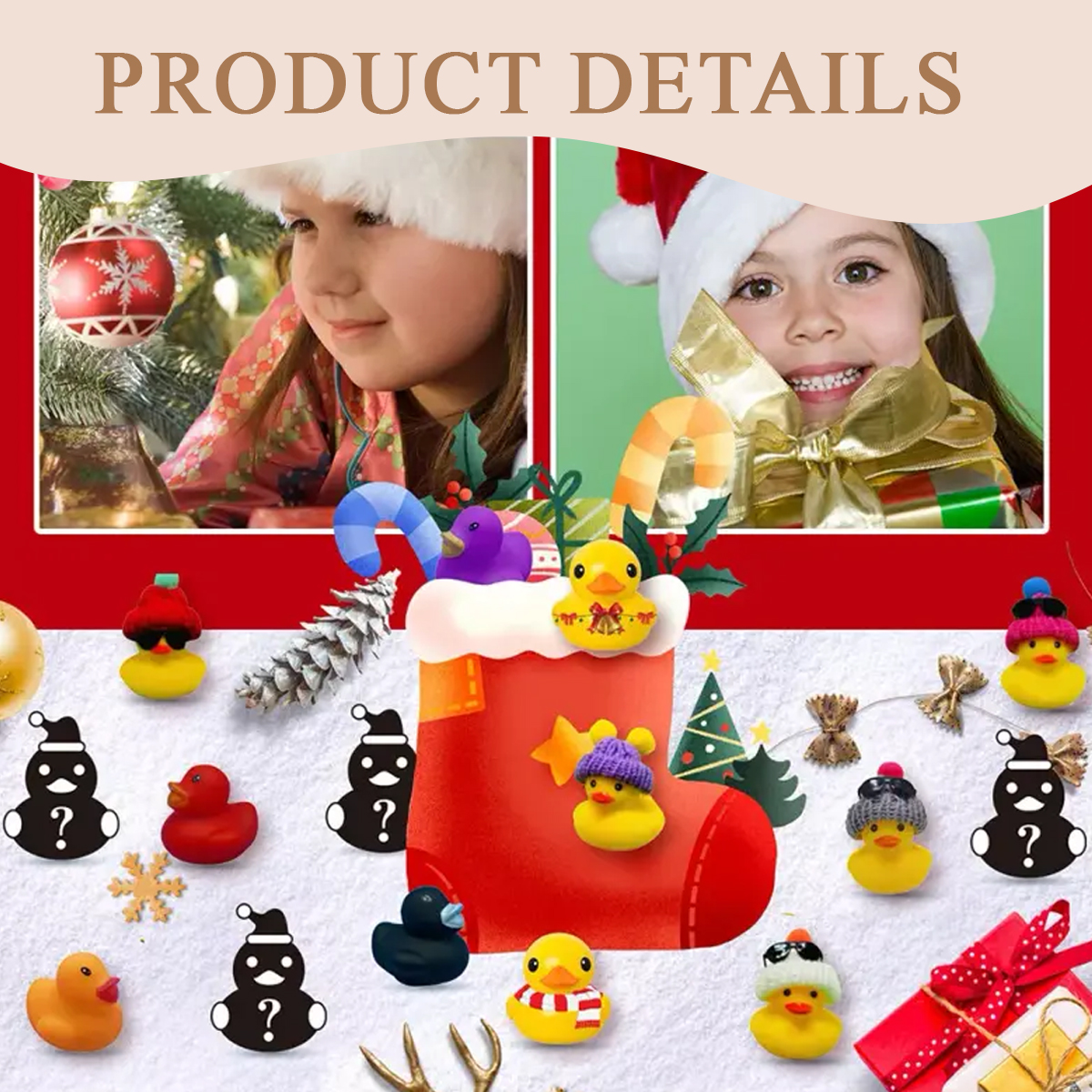 Das Bild zeigt eine weihnachtliche Szene mit Kindern, Gummienten und Geschenken.