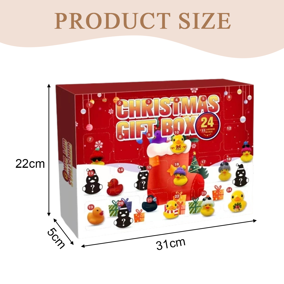 Eine Weihnachtsgeschenkbox mit Enten in einer rot-weißen Box. Abmessungen sind 22 cm x 31 cm x 5 cm. Sie hat die Nummern 1-24 darauf.