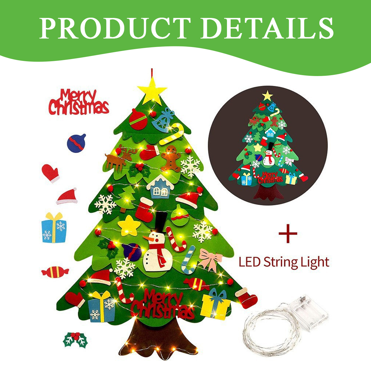 Ein Weihnachtsbaum aus Filz mit Ornamenten, Lichtern und einem Lichterketten-Set. Enthält ein kleineres Baum-Bild und Text 'LED String Light'.