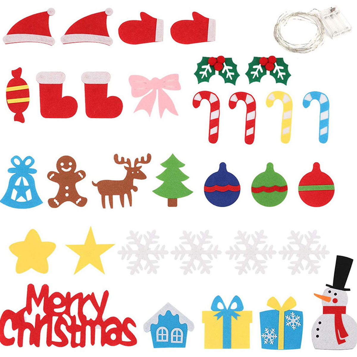 Weihnachtsschmuck: Mützen, Fäustlinge, Zuckerstangen, Strümpfe, Schleife, Schneeflocken, Schneemann, Sterne, Geschenke, Lebkuchenmann, Hirsch, Baum.