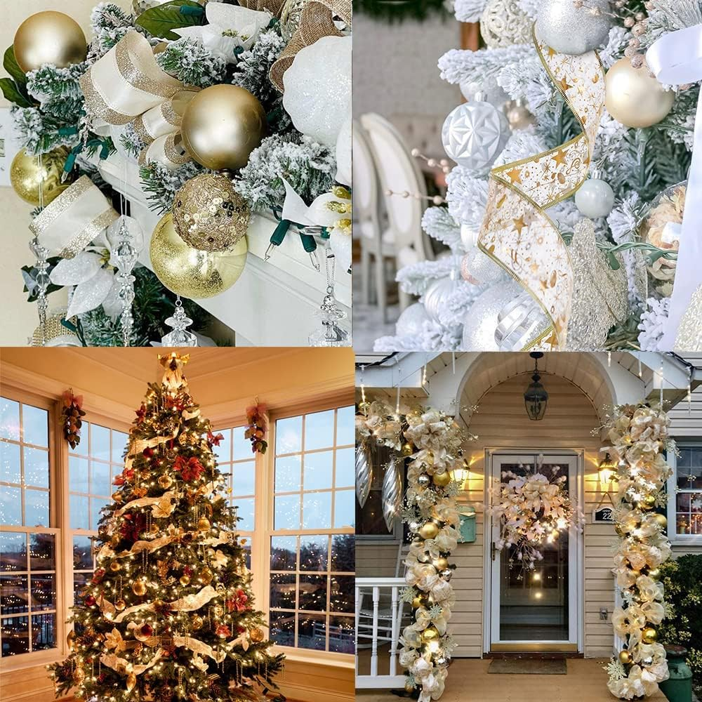 Weihnachtsdekorationen: Ornamente, Bänder, Girlanden und Lichter schmücken Bäume, Türen und Kamine. Gold- und Weißtöne dominieren.