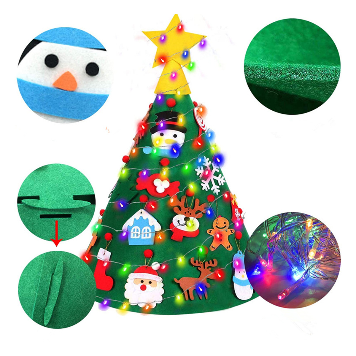 Ein Weihnachtsbaum aus Filz mit Ornamenten und Lichtern. Enthält einen Schneemann, einen Weihnachtsmann, Rentiere, ein Haus, einen Stern und einen Lebkuchenmann.