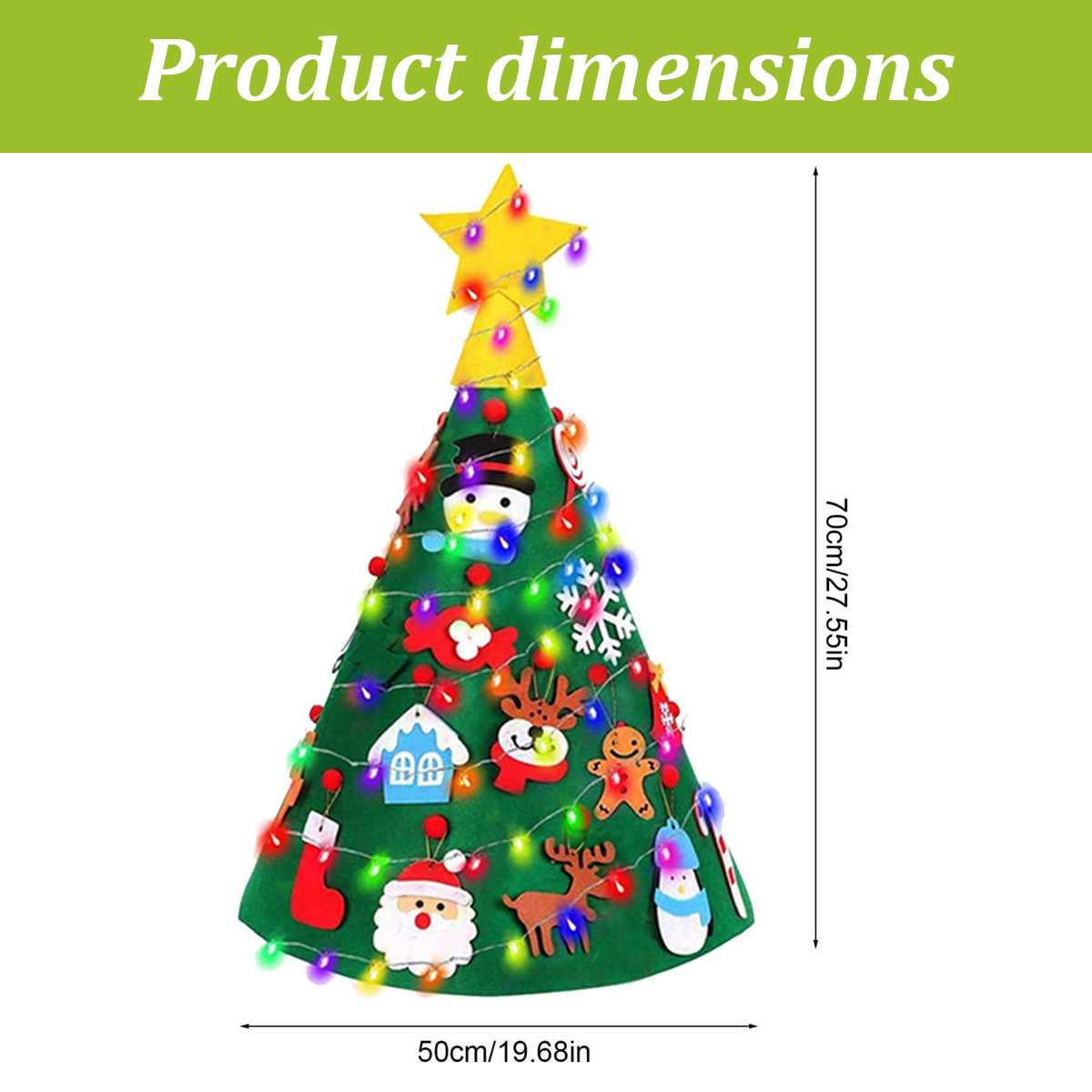 Ein Weihnachtsbaum aus Filz, verziert mit Ornamenten, Lichtern und einem gelben Stern. Maße: 70cm/27,55in Höhe, 50cm/19,68in Breite.