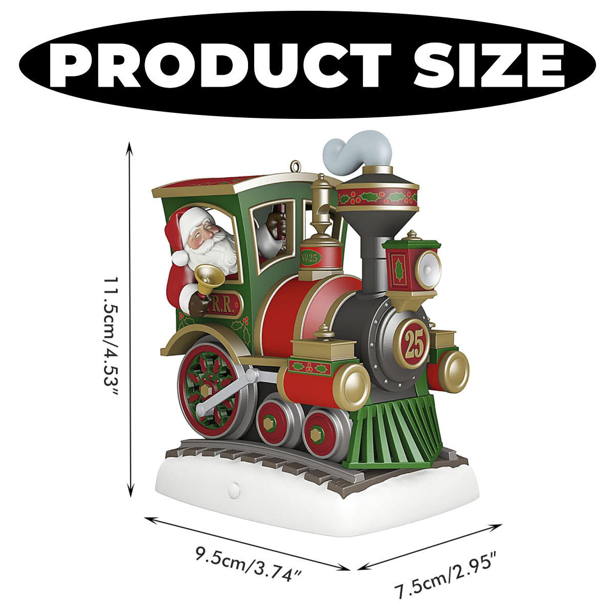 Ein Weihnachts-Zug-Ornament mit dem Weihnachtsmann am Steuer. Rote, grüne und goldene Farben. Oben steht PRODUKTGRÖSSE.