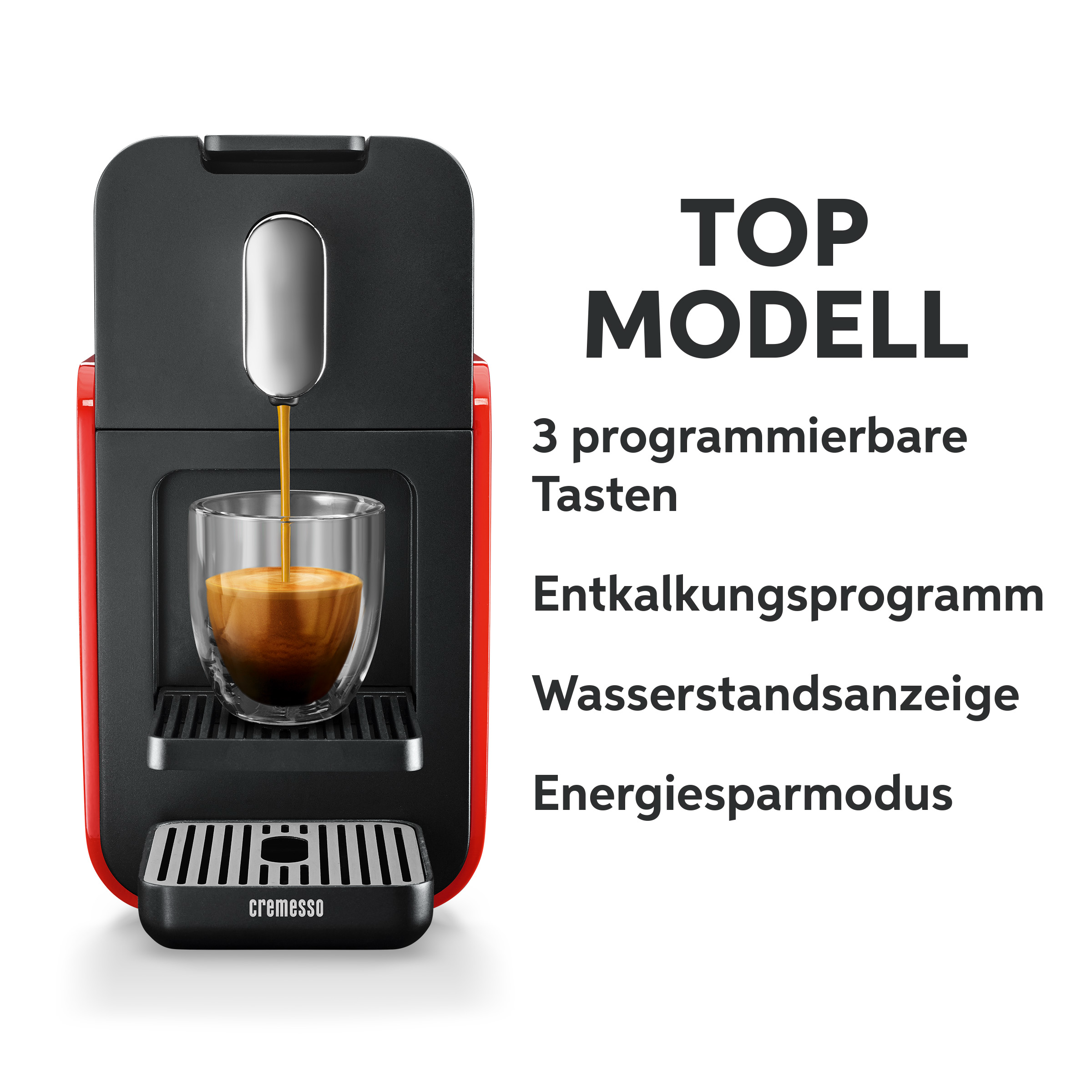 Eine rot-schwarze Kaffeemaschine mit einem Glas Kaffee. Auf der rechten Seite steht 'TOP MODELL' und Merkmale.