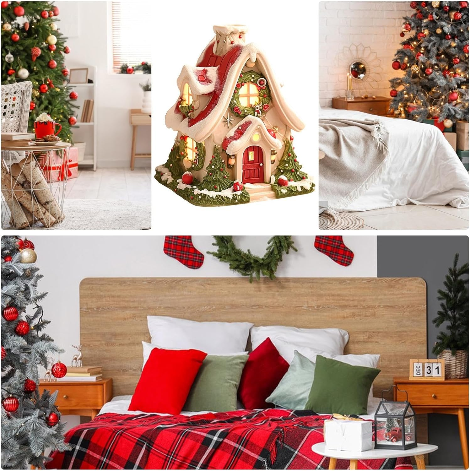Weihnachtsdekorationen: Baum, Hausornament, Bett mit rotem Karomuster, Kissen und Socken.
