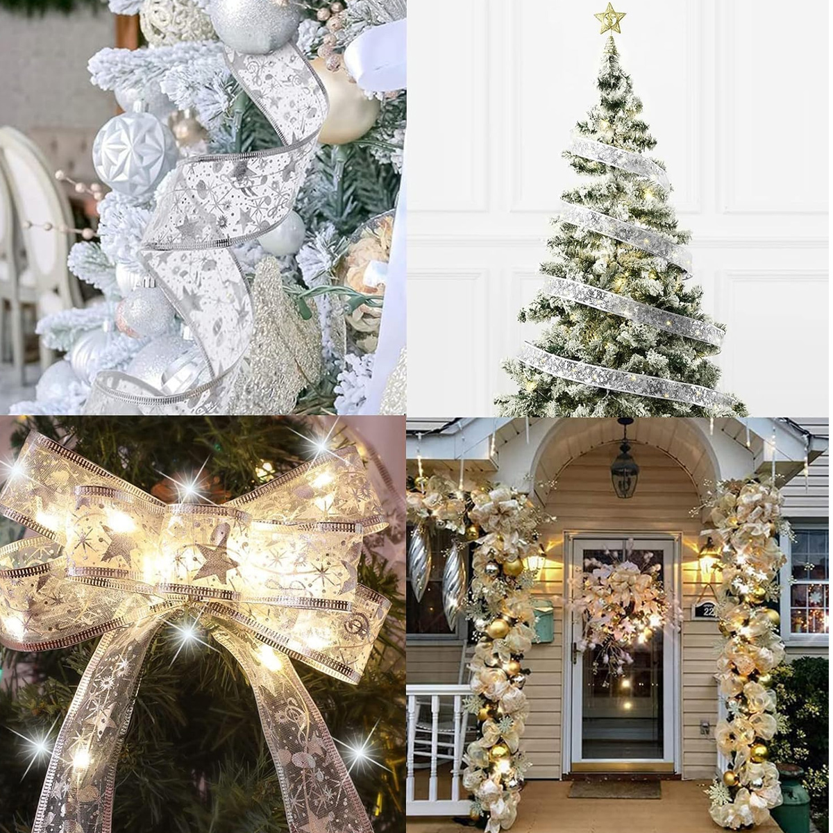 Vier Bilder von Weihnachtsdekorationen. Ein Baum mit Schleife, eine Schleife mit Lichtern, eine dekorierte Haustür und Dekorationen an einem Baum.