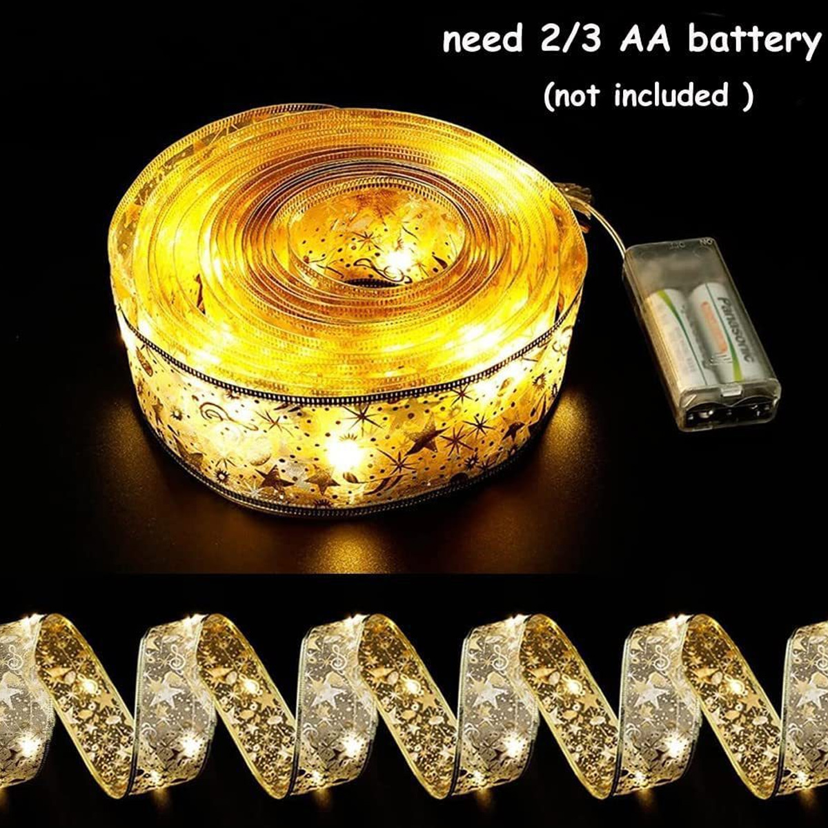 Eine Spule goldener Bandlichter mit einem Akkupack und dem Text 'need 2/3 AA battery (not included)'.