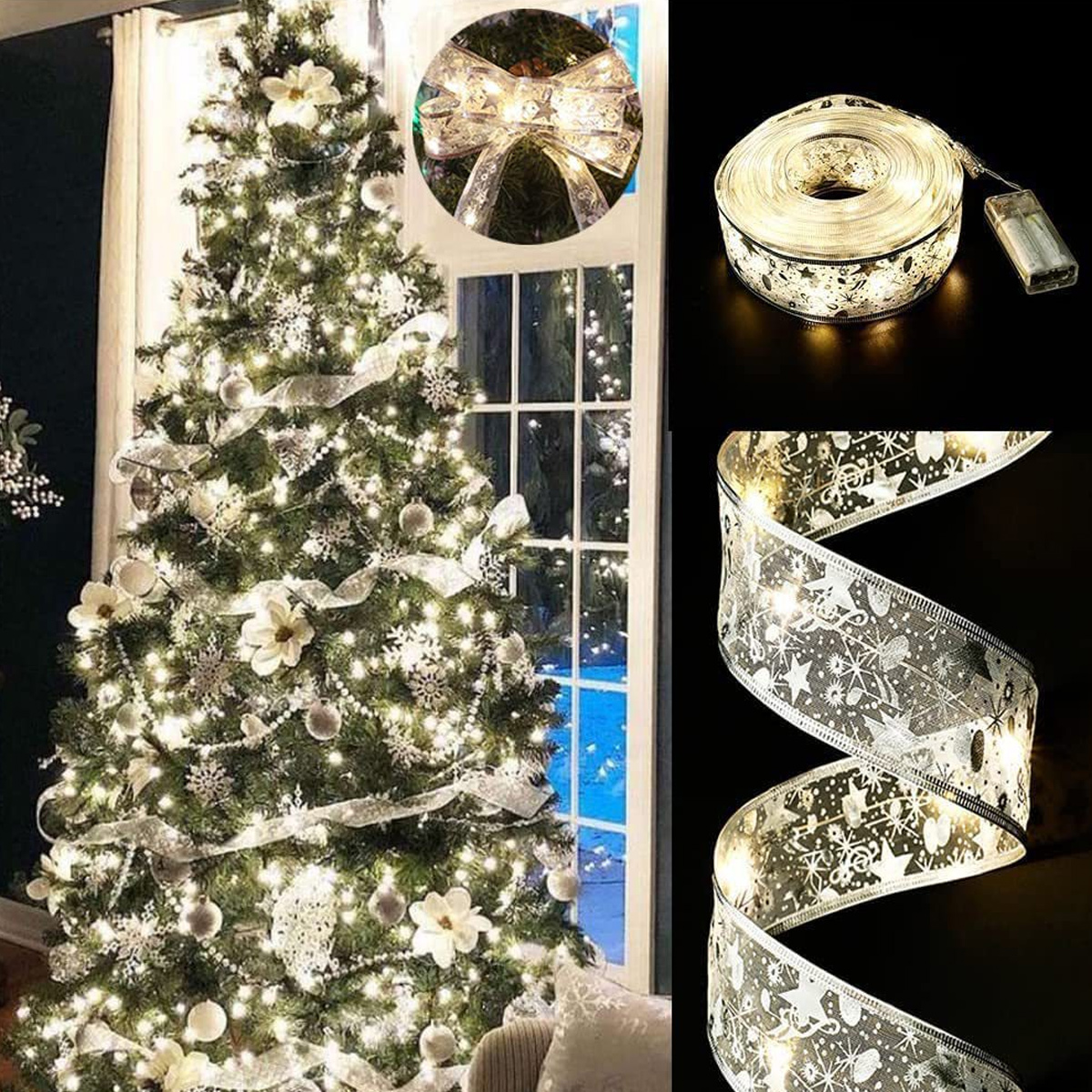 Ein geschmückter Weihnachtsbaum mit Lichtern, Ornamenten und Bändern. Zusätzliche Bilder zeigen Banddetails und eine beleuchtete Schleife.