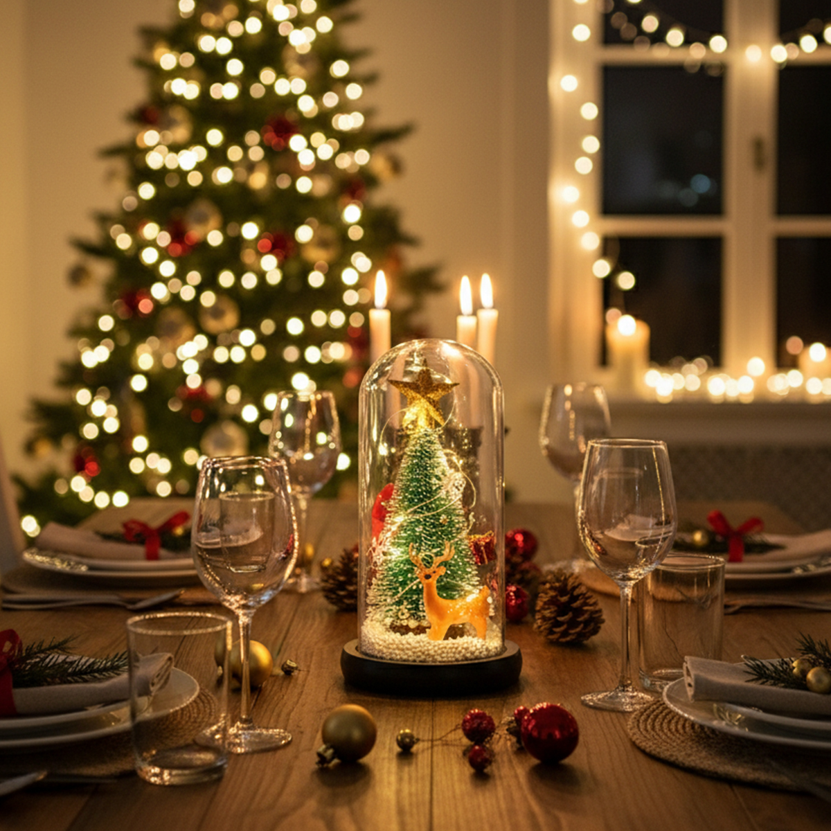 Weihnachtstisch mit Baum unter Glas. Beleuchteter Baum im Hintergrund, Kerzen, Gläser und Dekorationen auf dem Tisch.