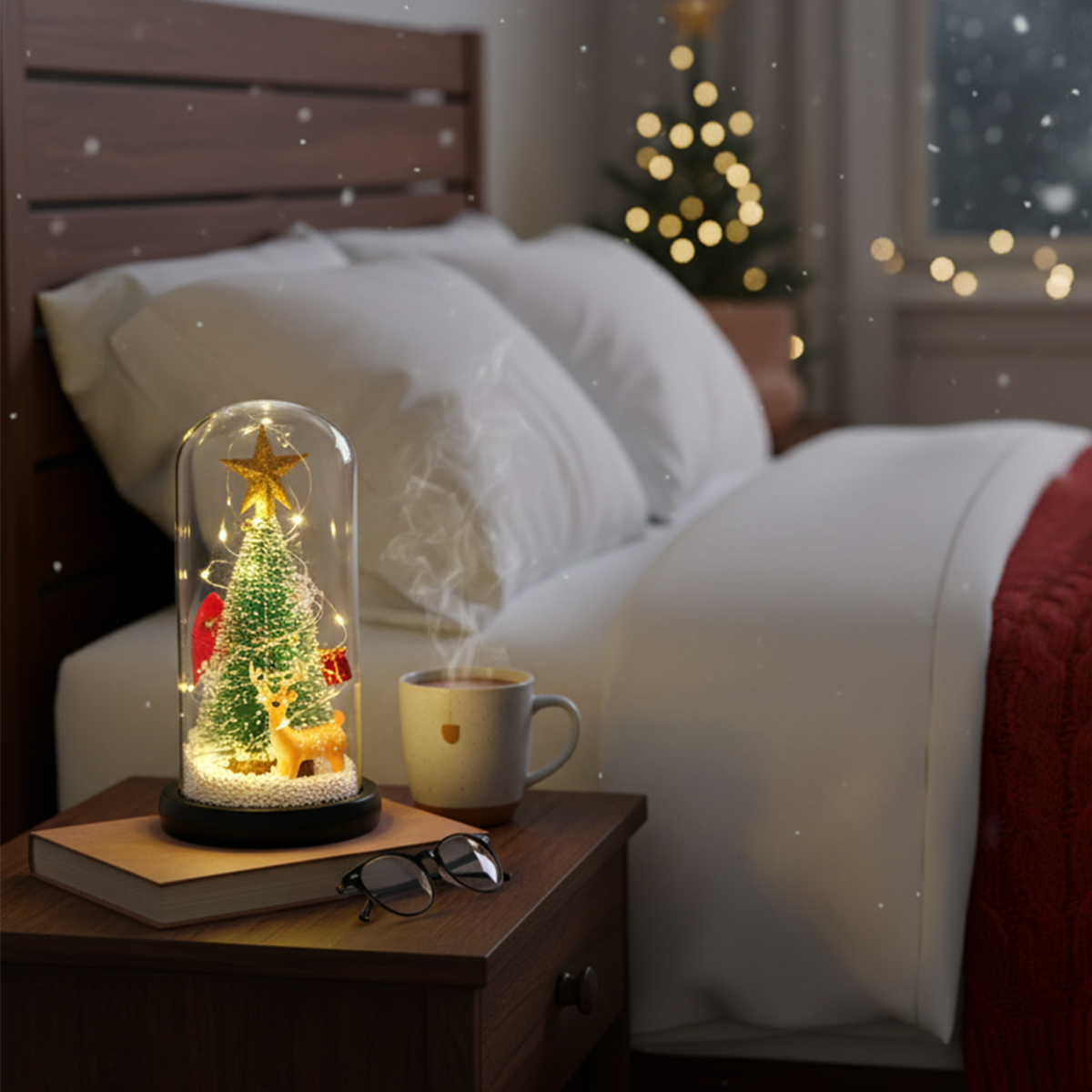 Ein Nachttisch mit Weihnachtsszene in einer Glaskuppel, Buch, Brille und Tasse. Im Hintergrund ein Bett. Draußen schneit es.