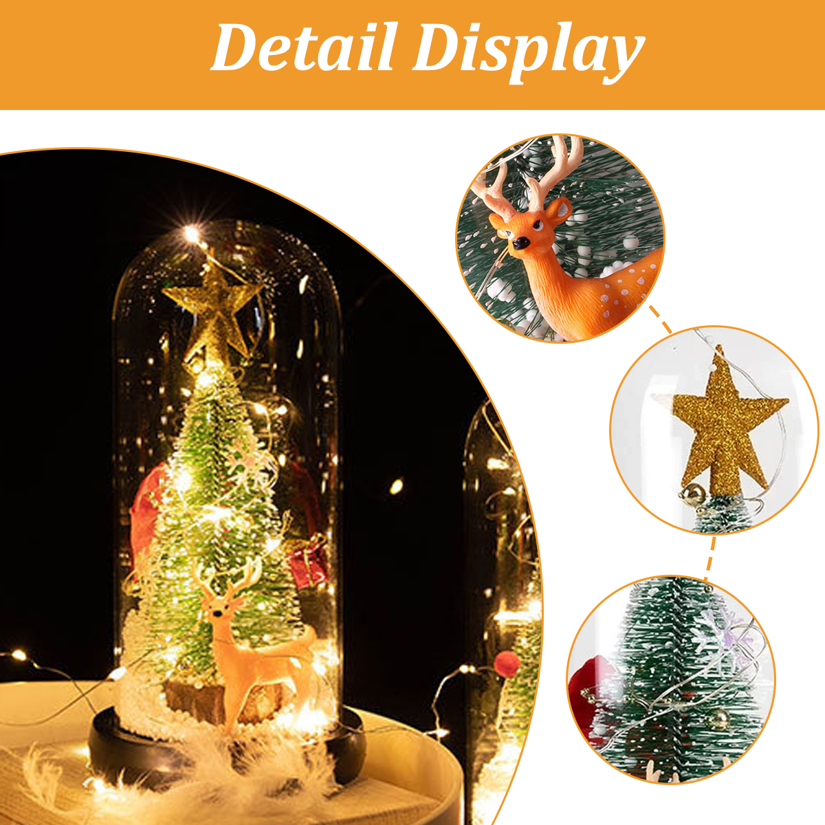 Eine Weihnachtsdekoration in einer Glaskuppel. Sie hat einen Weihnachtsbaum, ein Reh und Lichter.