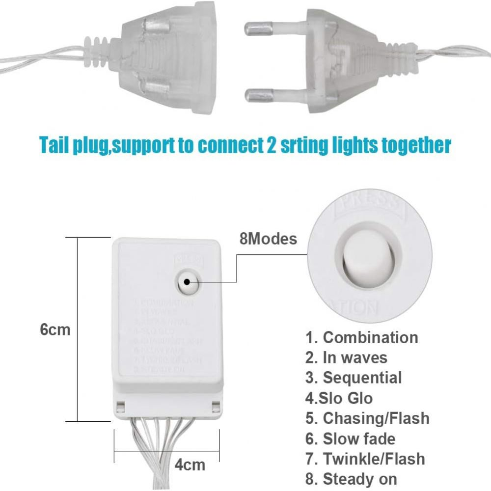 Das Bild zeigt elektrische Stecker, eine Steuerbox mit 8 Modi und Text zur Erläuterung der Funktionen. Maße sind ebenfalls angegeben.