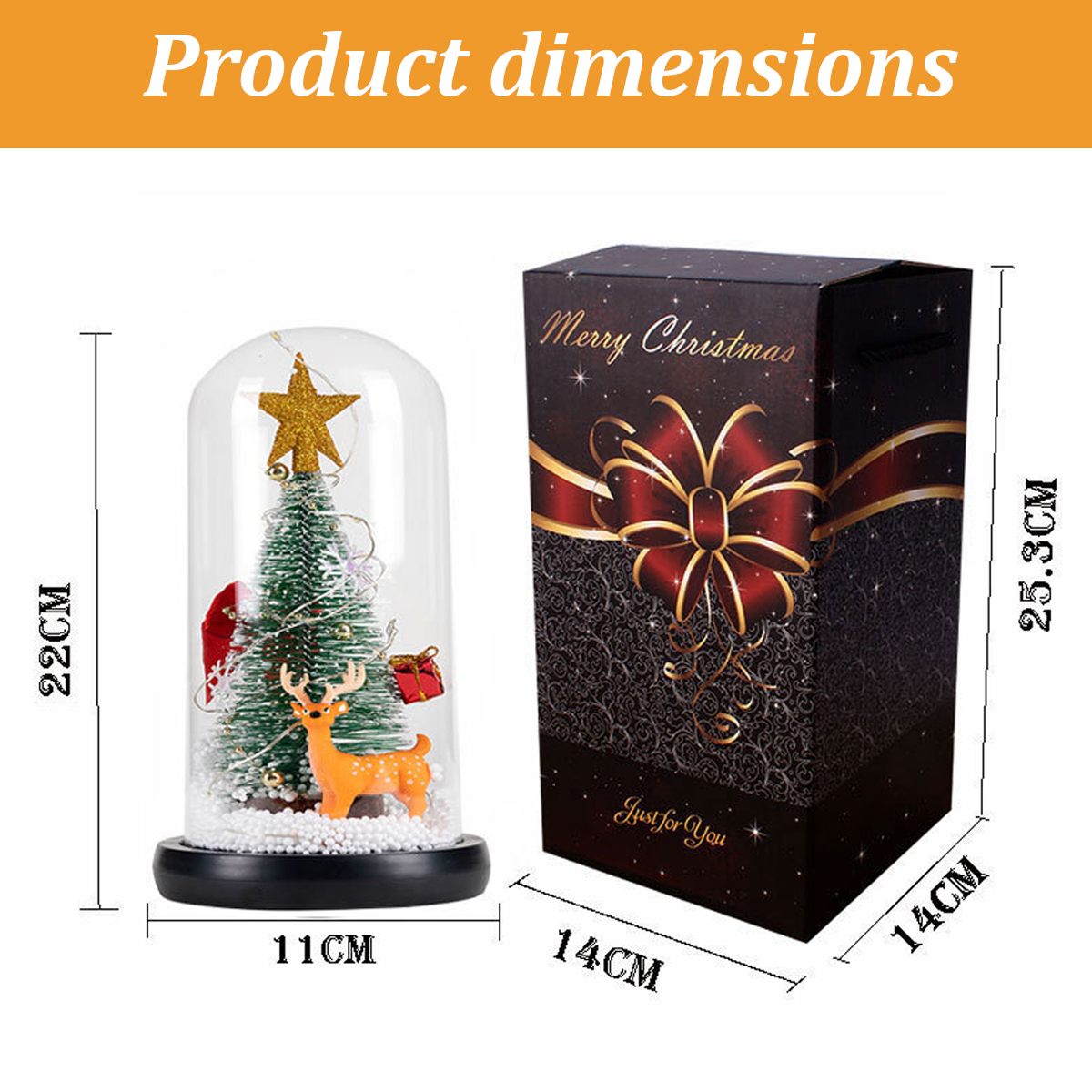 Weihnachtsdekoration: Baum in Glaskuppel, Geschenkbox mit Schleife und Maße. 22 cm, 11 cm, 25,3 cm und 14 cm.