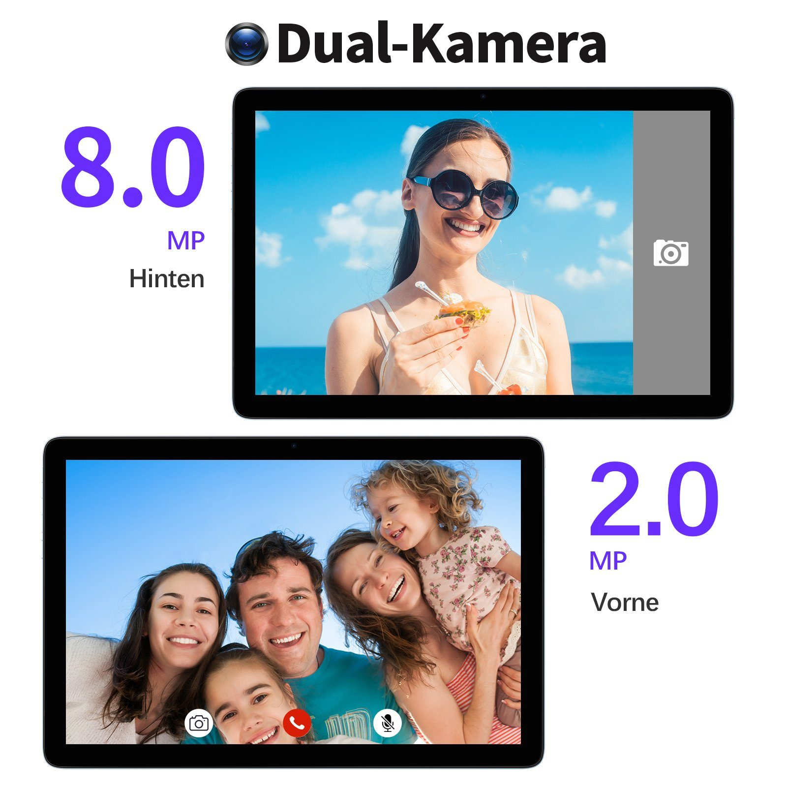 Tablet mit zwei Bildschirmen: Frau mit Essen und Familien-Videoanruf. Dual-Kamera-Info und MP-Details werden ebenfalls angezeigt.