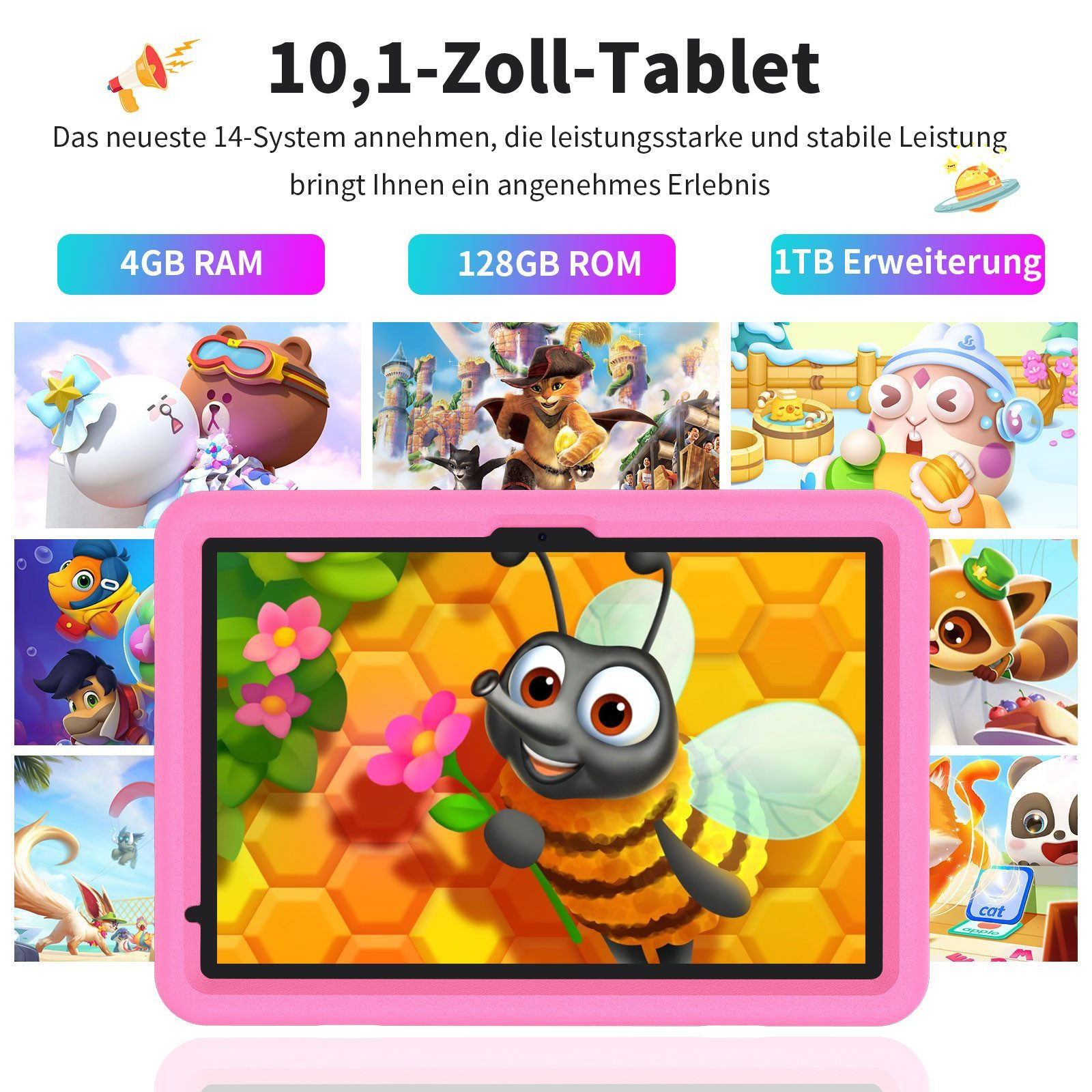 Rosa Tablet mit Biene, die eine Blume hält. Oben stehen RAM, ROM und Speicherinformationen. Cartoon-Figuren umgeben das Tablet.
