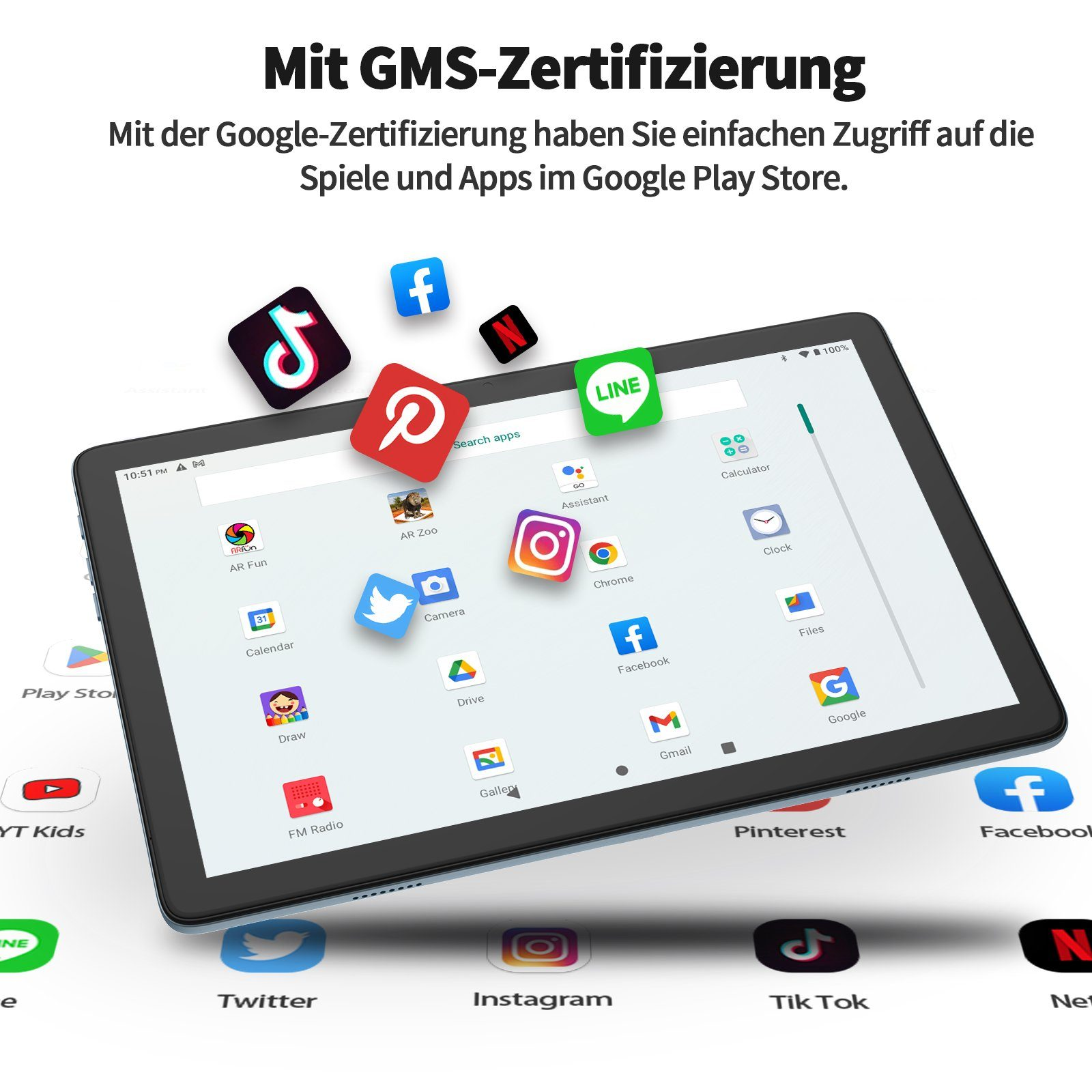 Tablet mit App-Symbolen. Oben: TikTok, Facebook, Pinterest, Netflix, Line. Weitere: Instagram, Chrome und Google-Apps.