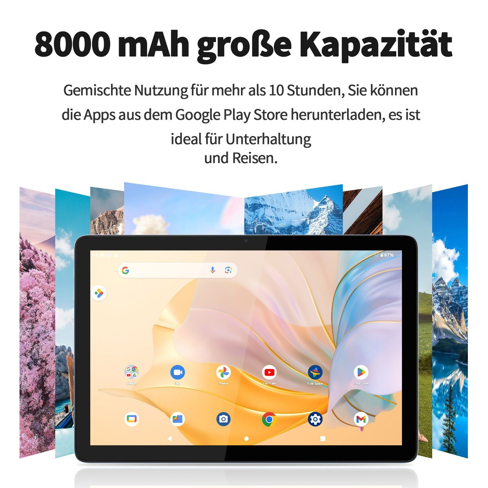 Tablet, das Apps anzeigt, mit Naturbildern an den Seiten. Text: 8000 mAh Akku und Google Play Store.