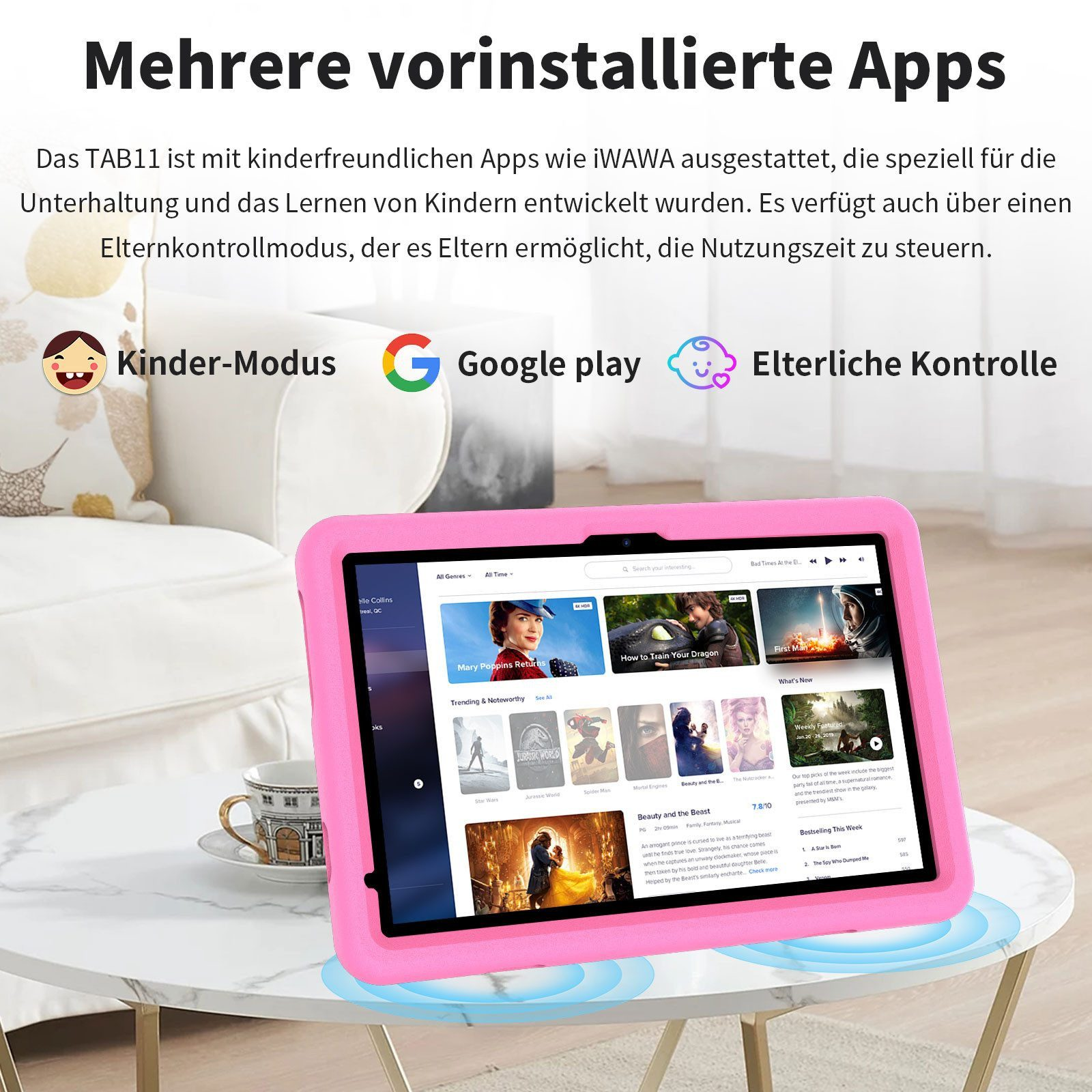 Ein Tablet mit rosa Hülle zeigt eine Filmauswahl auf einem Tisch. Der Hintergrund ist verschwommen mit Text oben.
