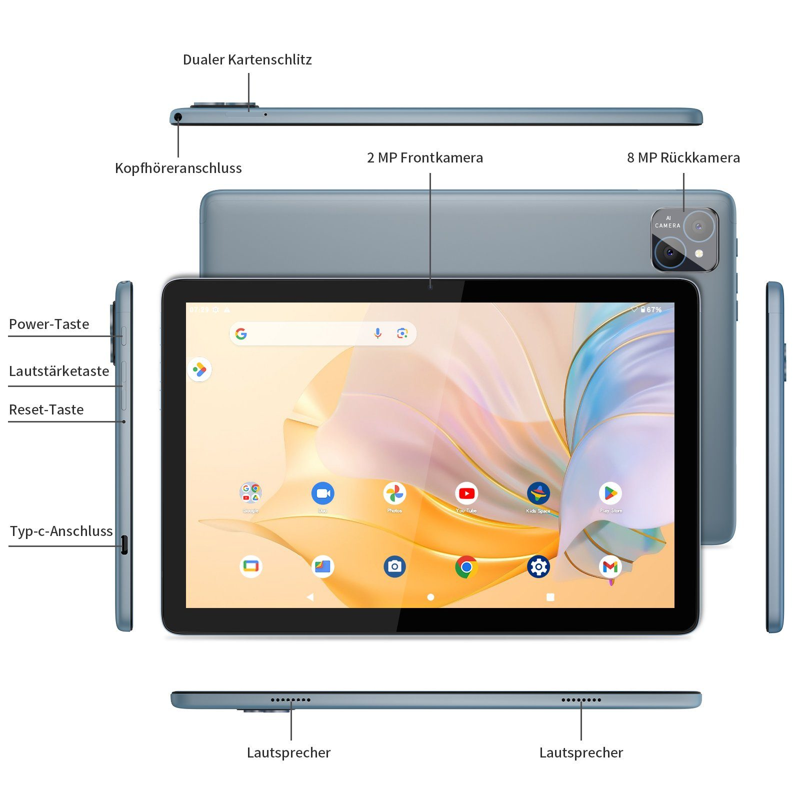 Tablet mit Bildschirm, der Apps, Tasten und Kameradetails in deutscher Sprache zeigt. Blau-graue Farbe.