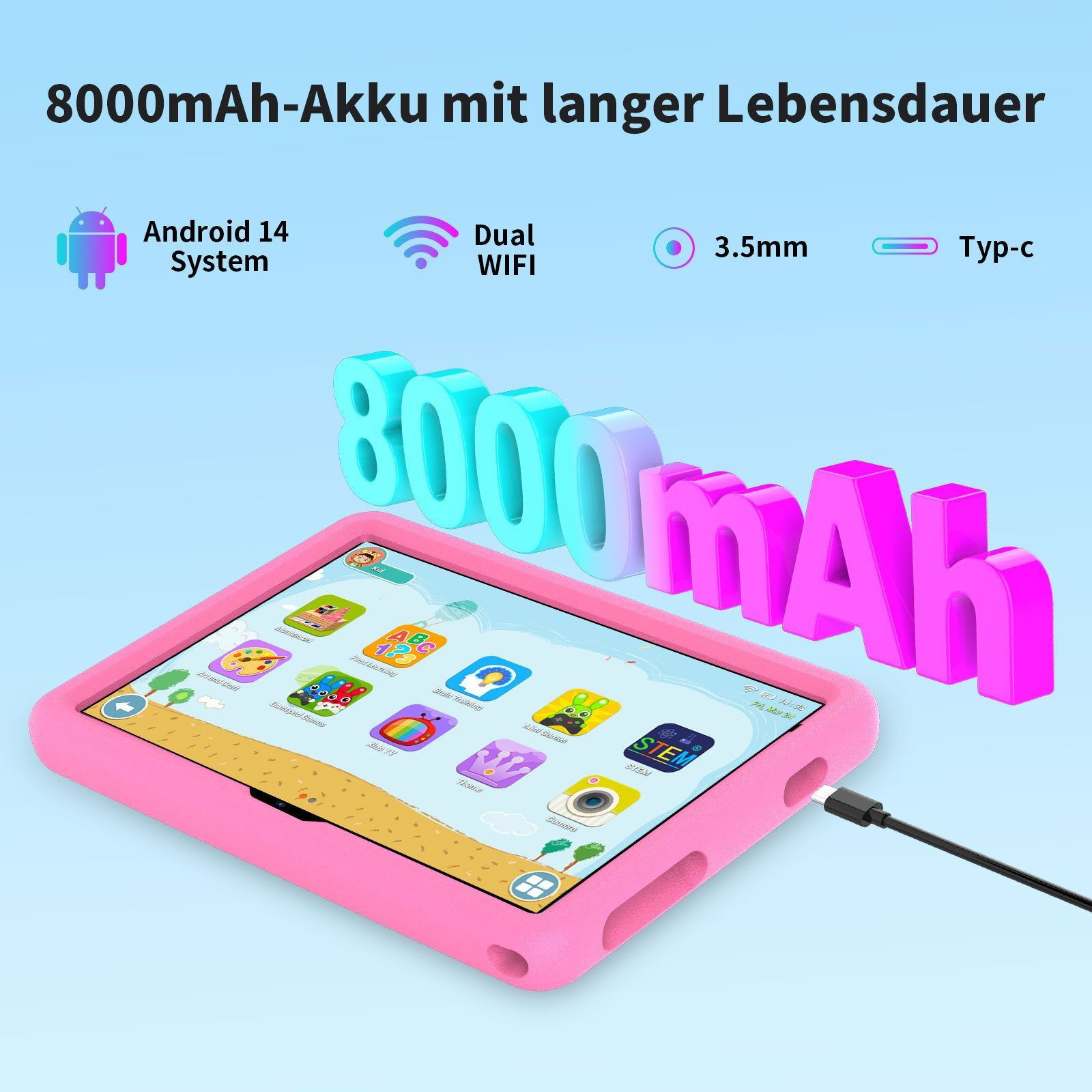 Rosa Tablet mit Symbolen, verbunden mit einem schwarzen Kabel, Text lautet 8000mAh Akku, Android 14, Dual-WLAN und Typ-C.