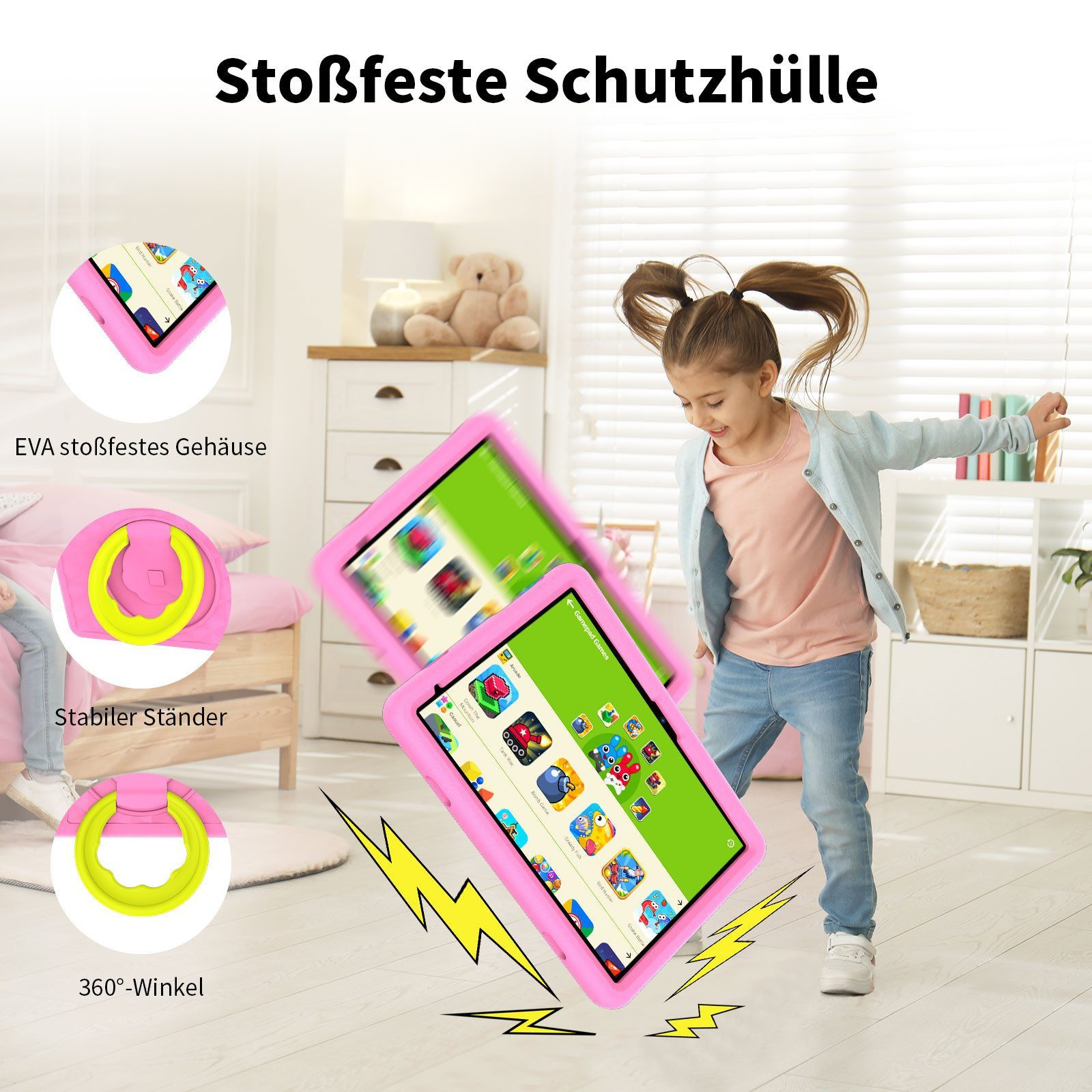 Ein Mädchen springt neben zwei Tablets in rosa Hüllen. Die Tablets fallen. Es gibt auch Zeichnungen der Eigenschaften der Hülle.
