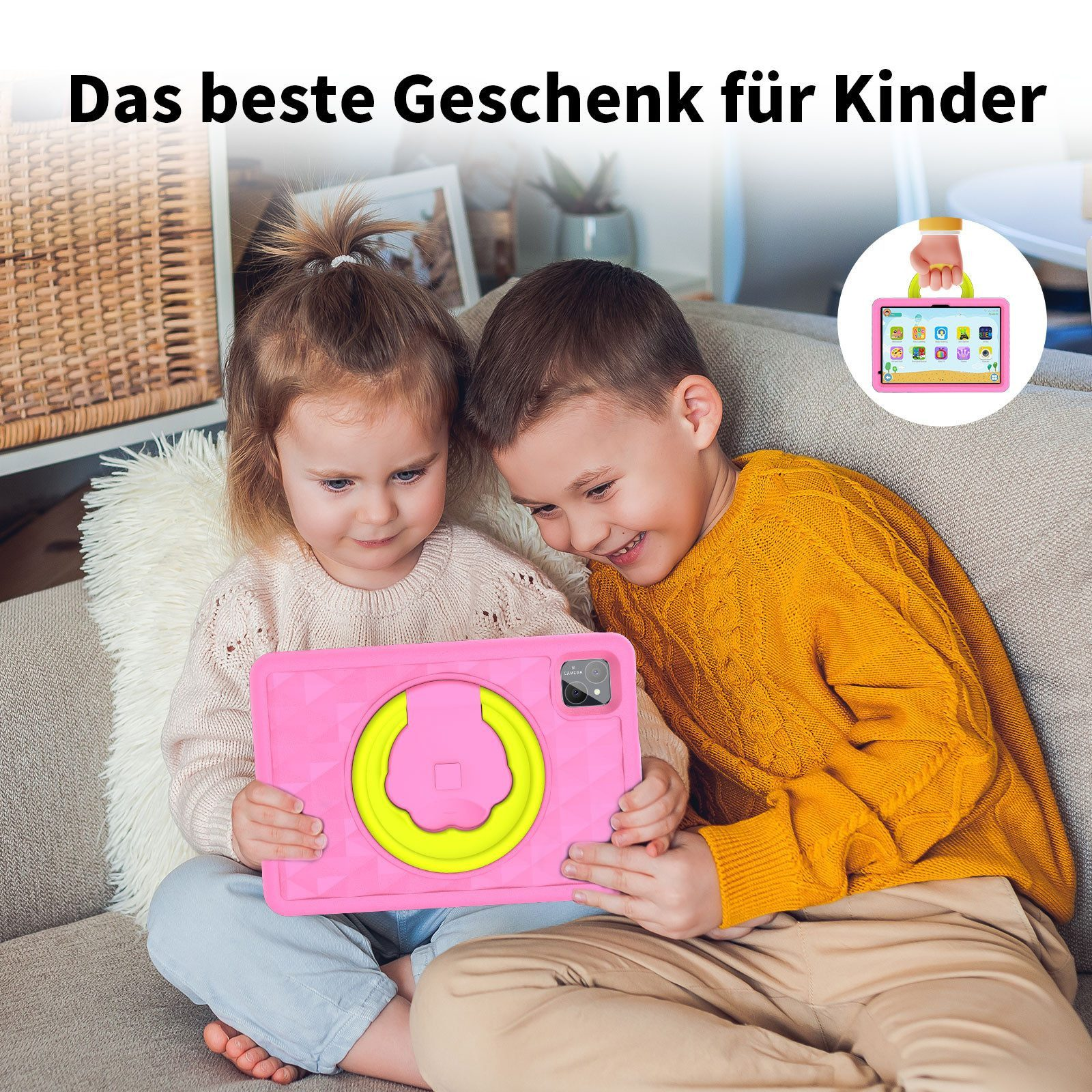 Zwei Kinder auf einem Sofa halten ein rosa Tablet mit gelben Akzenten. Eine Hand hält ein ähnliches Tablet im Hintergrund.
