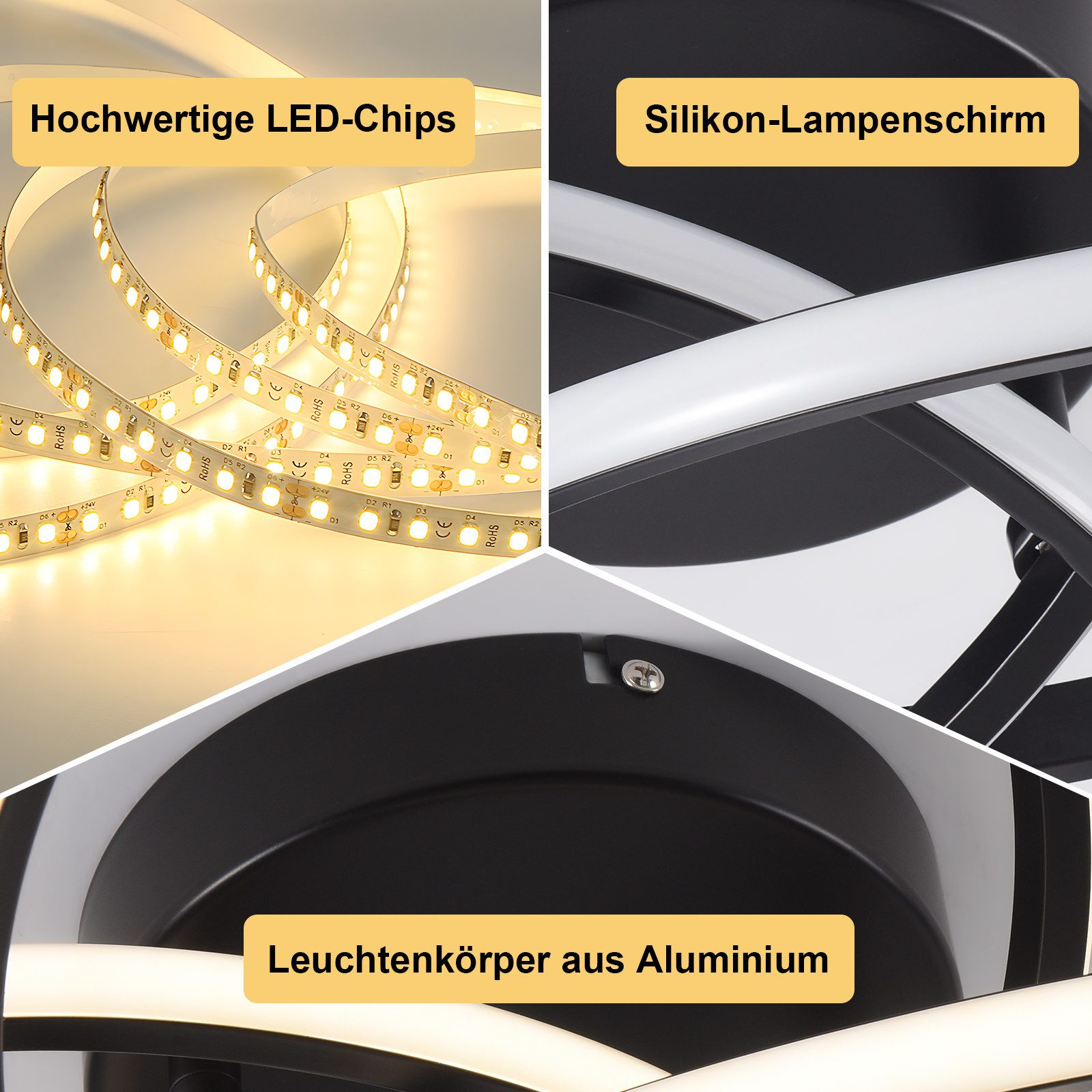 L'immagine mostra primi piani di un apparecchio di illuminazione, con chip LED, paralume in silicone e corpo in alluminio.