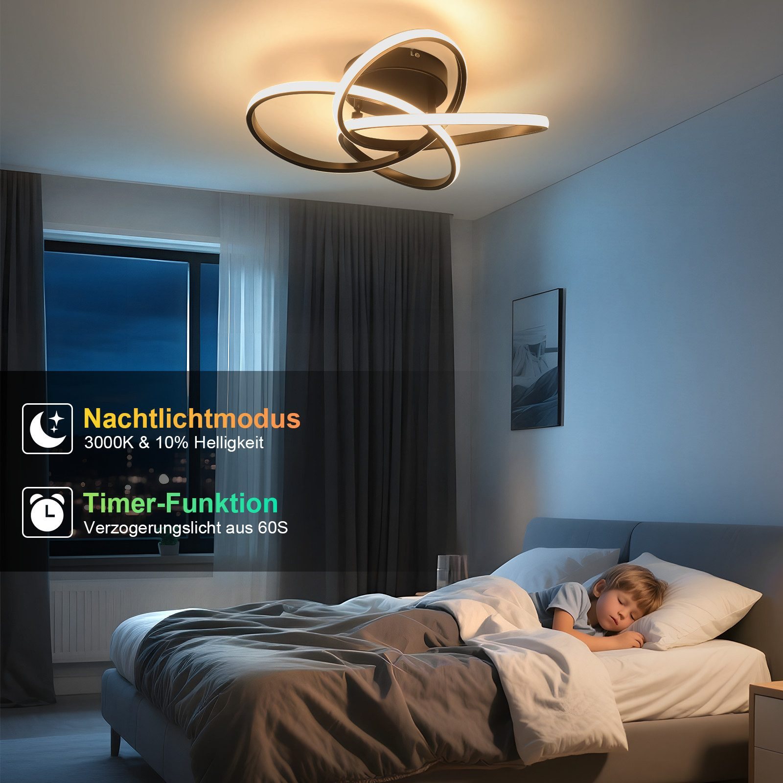 Una scena di camera da letto con un bambino che dorme nel letto. Una moderna plafoniera è accesa. La sovrapposizione di testo indica le funzioni.