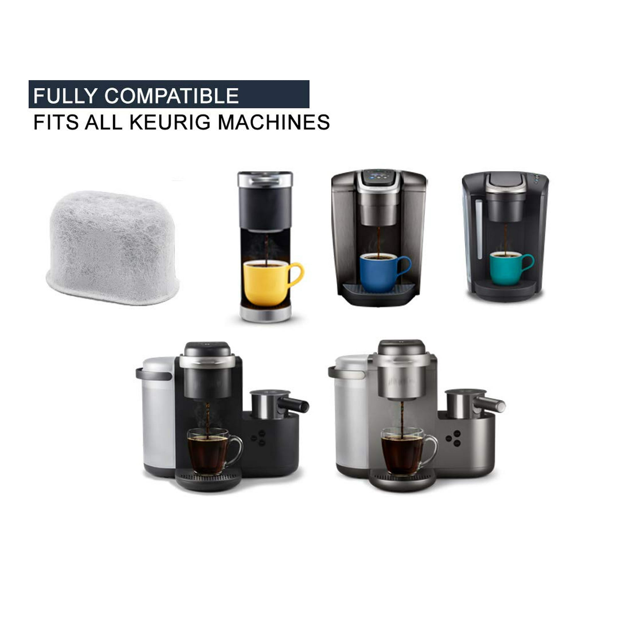 Das Bild zeigt Kaffeemaschinen mit Tassen, einem Filter und dem Text: Voll kompatibel. Passend für alle Keurig-Maschinen.