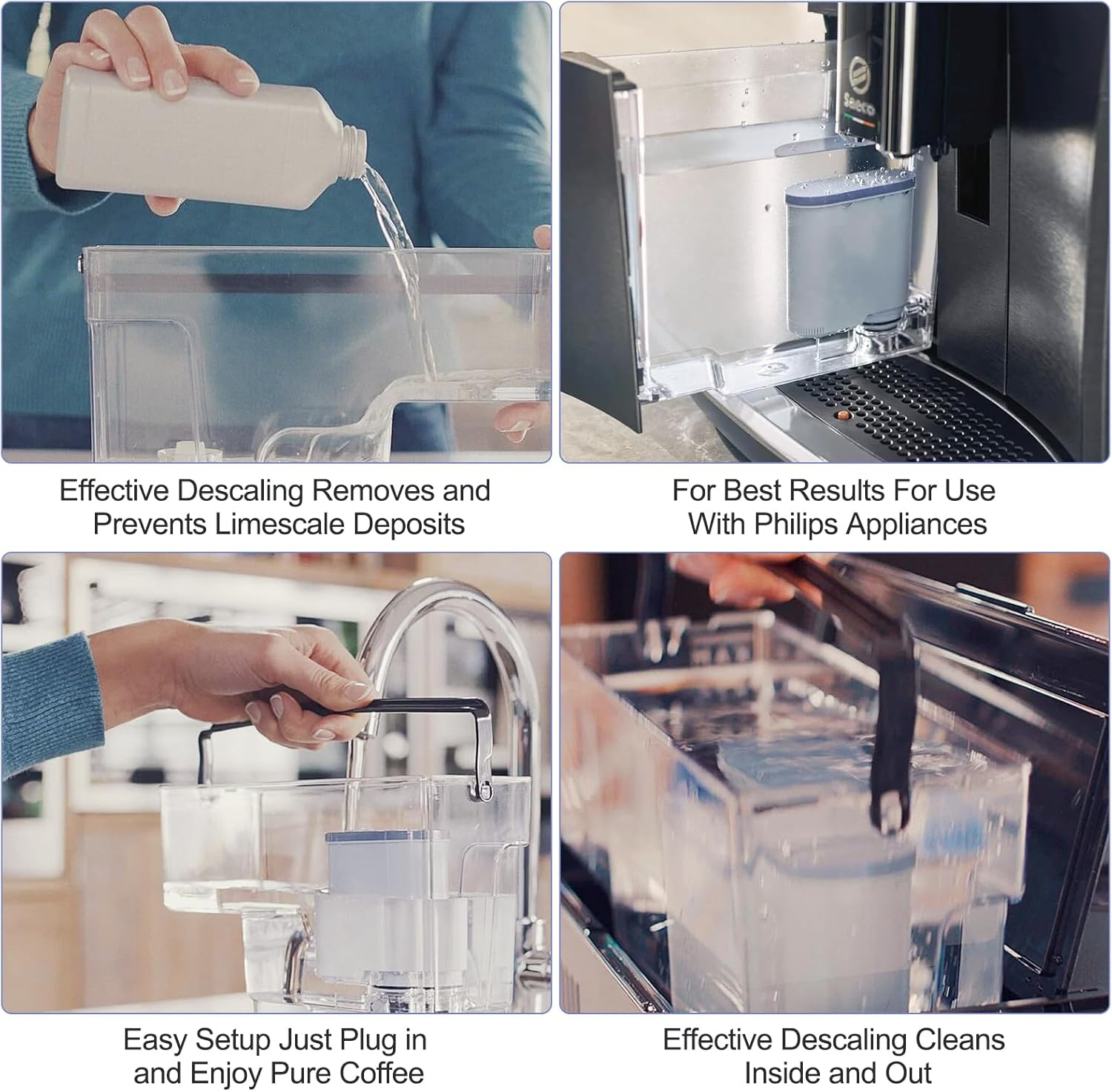 Bilder zeigen den Entkalkungsvorgang für Kaffeemaschinen. Es werden Lösung gießen, Reinigungsteile und eine Maschine mit Wassertank gezeigt.